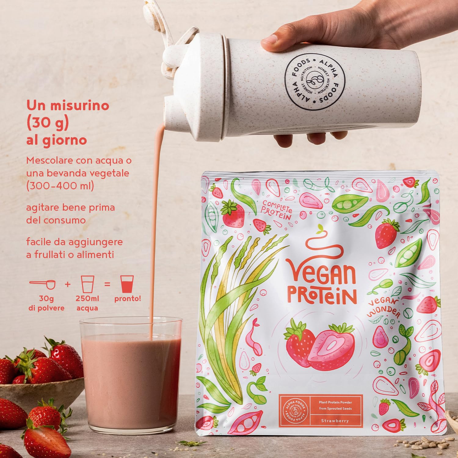 Proteine in Polvere Vegane | Gusto Fragola | 18g Proteine Vegetali Isolate di Pisello, Riso e Girasole | Massa Muscolare | 600g Vegan Protein Powder | Alpha Foods