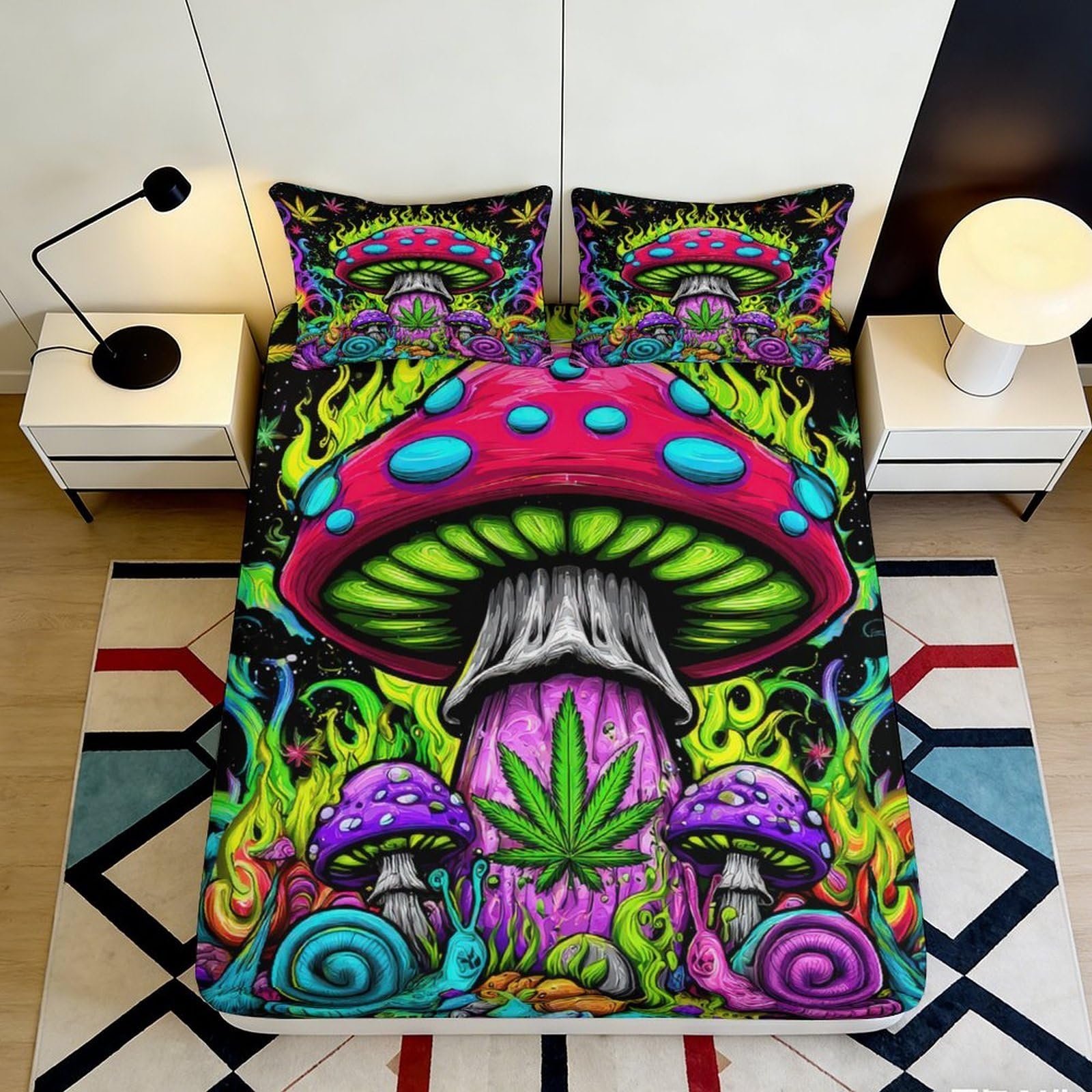 3D Printed Psychedelic Mushroom Fitted Sheet Microfiber Vibrant Colorful Art Mattress Cover for Bedroom Dorm Apartment Decor 90x200x25cm