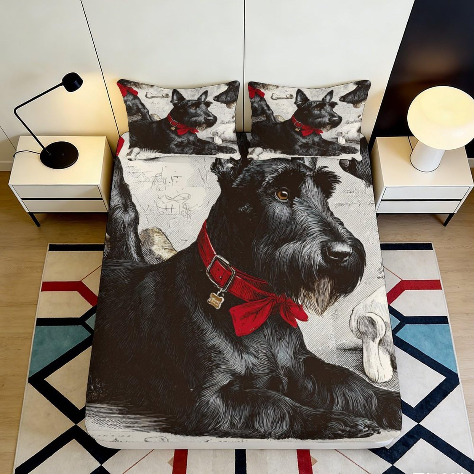 3D Printed Scottish Terrier Fitted Sheet Microfiber Deep Pocket Non-Slip Bedroom Bedding Scottish Dog Mattress Fitted Cover Washable 200x200x25cm