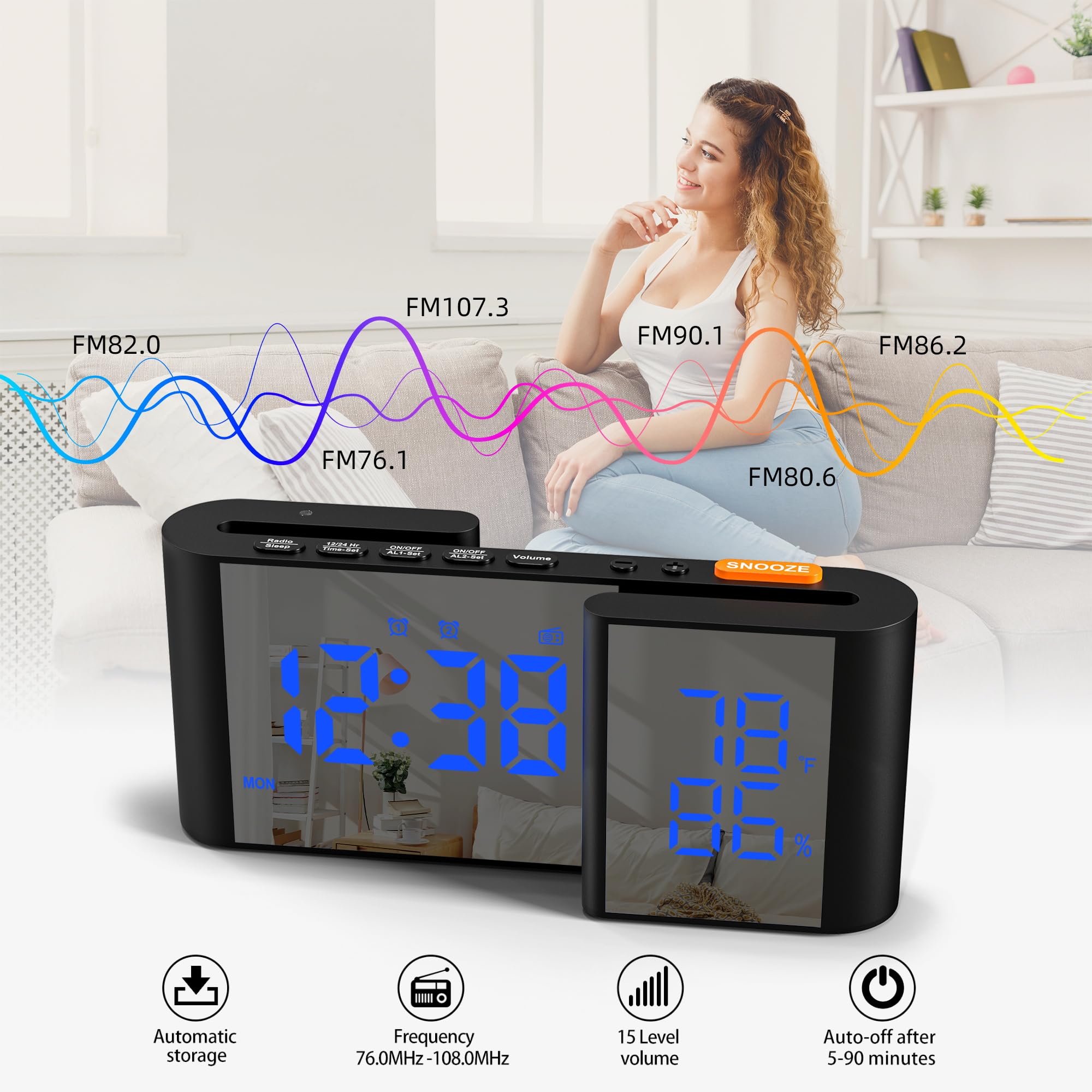 Digitaler Radiowecker 6'' Spiegel LED Uhr mit Luftfeuchtigkeit und Temperatur Duale Alarmeinstellung 15 Stufen einstellbare Lautstärke Schwarz-Blau