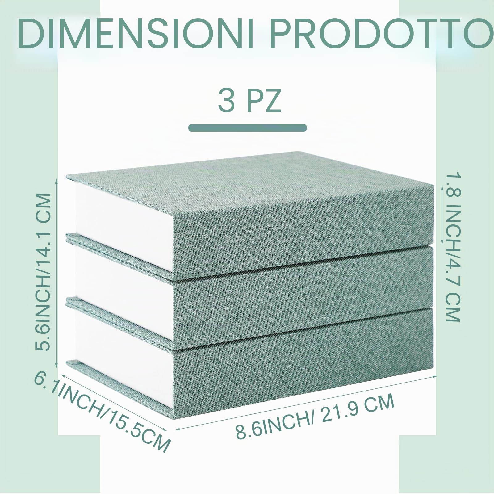 Tioncy 3 scatole a forma di libro in lino neutro per decorazione, finto libro contenitore moderno per libreria, tavolino da caffè, decorazione fai da te (21 x 15 x 4 cm, verde)