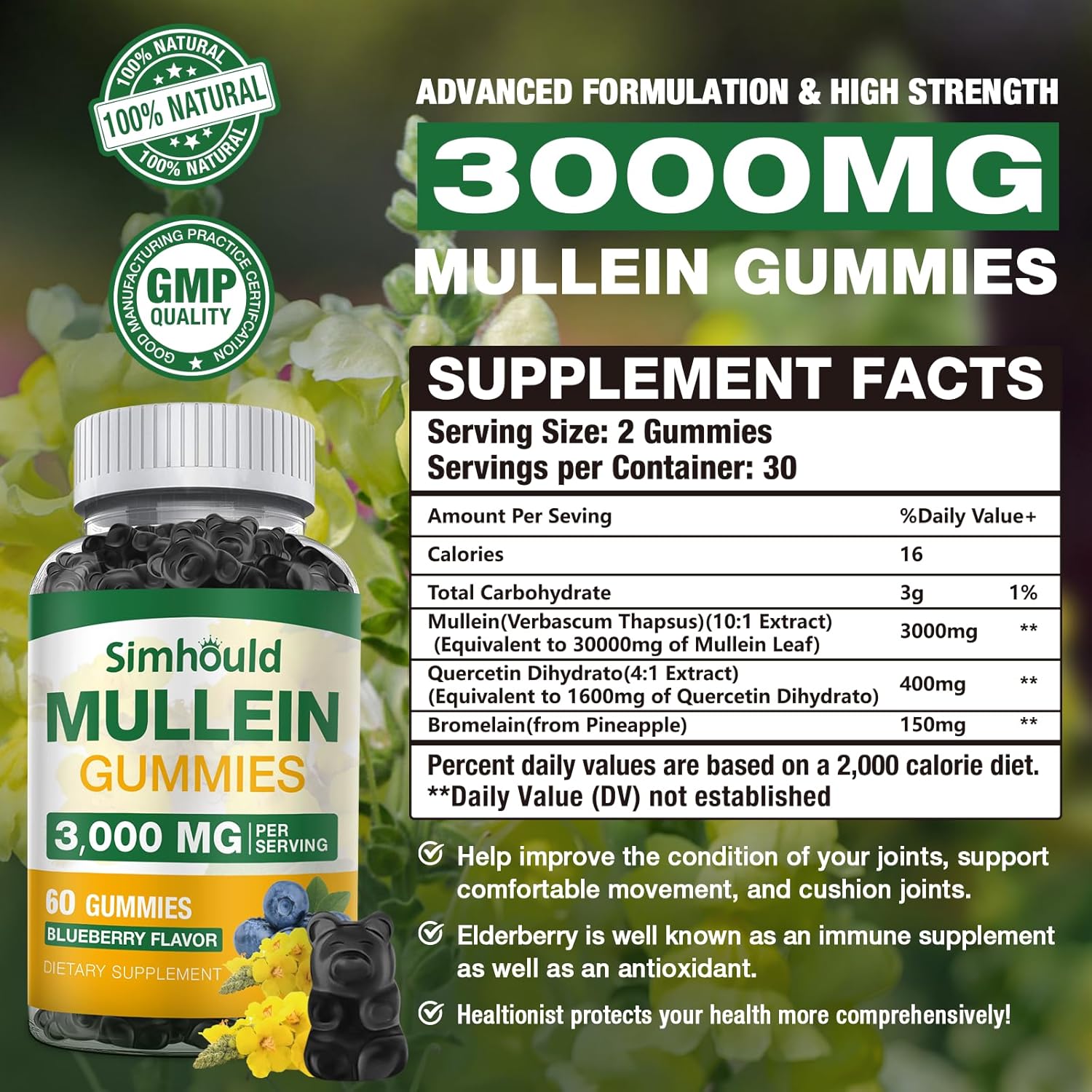 2 Pack Sugar Free 3000MG Mullein Gummies - Lung Cleanse, Mullein Leaf Extract Supplement for Respiratory, Organic Mullein Drops with Quercetin & Bromelain for Lung, Digestive Health & Immune - Image 2