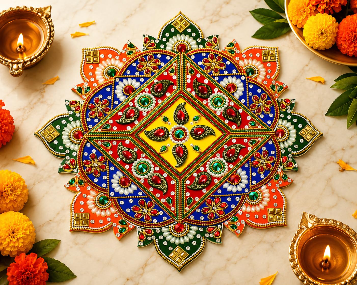 Rangoli Arts Ethnic Acrylic Designer Multi Colour Festival Rangoli,Flower Shape Handcrafted Decorative Diwali Rangoli for Floor Decoration (14.5 Inches)-image-27