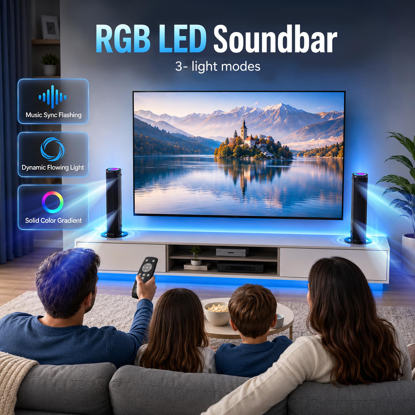 Soundbar für TV Geräte, 240 W Teilbare 2-in-1 Soundbar für TV (2.2CH) mit RGB Beleuchtung & 3 EQ Modi, Bass einstellbar, Bluetooth 5.3, inkl. ARC, Optisch, Aux USB für Fernseher, Monitor, Gaming