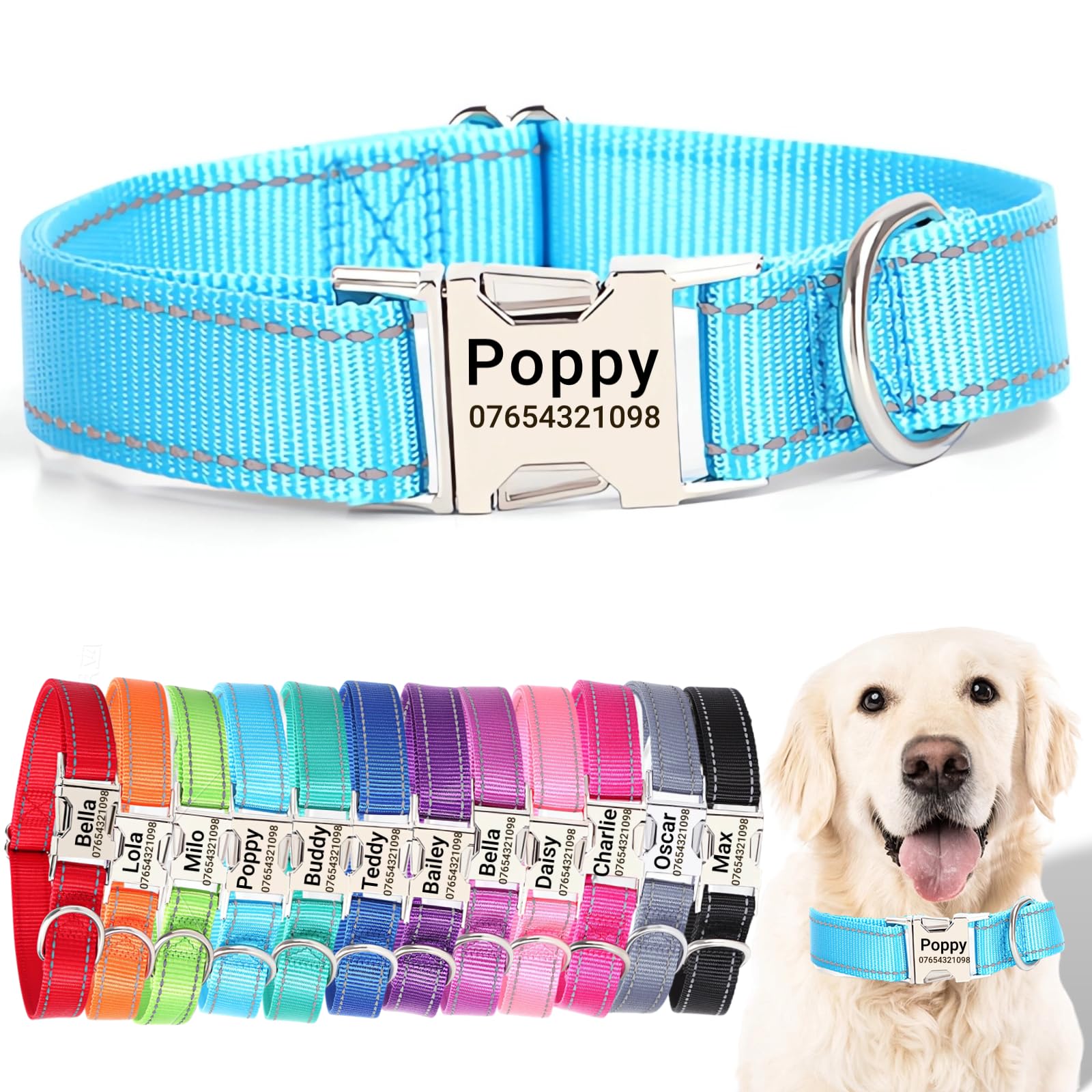 SEOUGEE Personalised Dog Collar with Engraved Metal Buckle, Reflective Nylon Collars for Small Medium Large Dogs with Custom Name Plate Phone Number (Sky Blue, XL:Neck 45-70cm,Width 2.5cm) — image 1