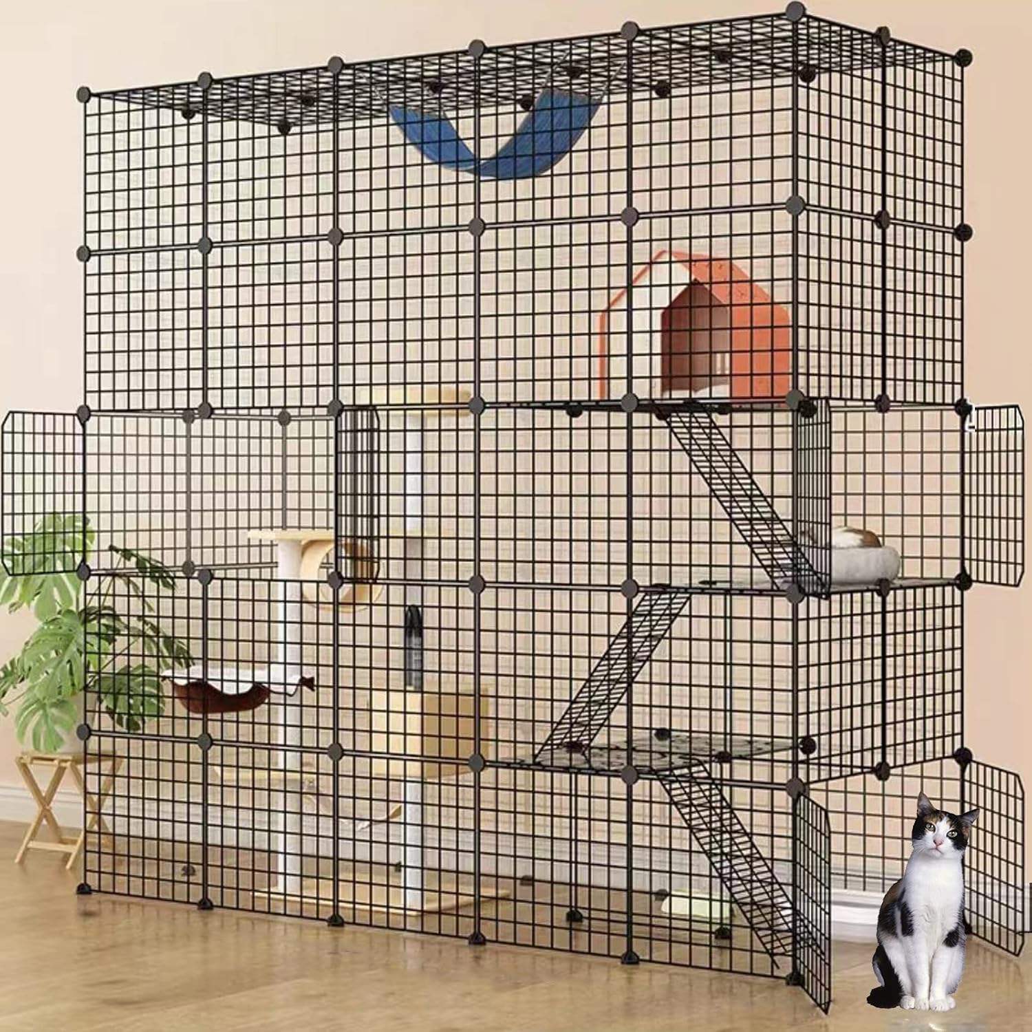 DIY Cat Cage, Detachable Metal Wire Large Kitten Enclosure with 2