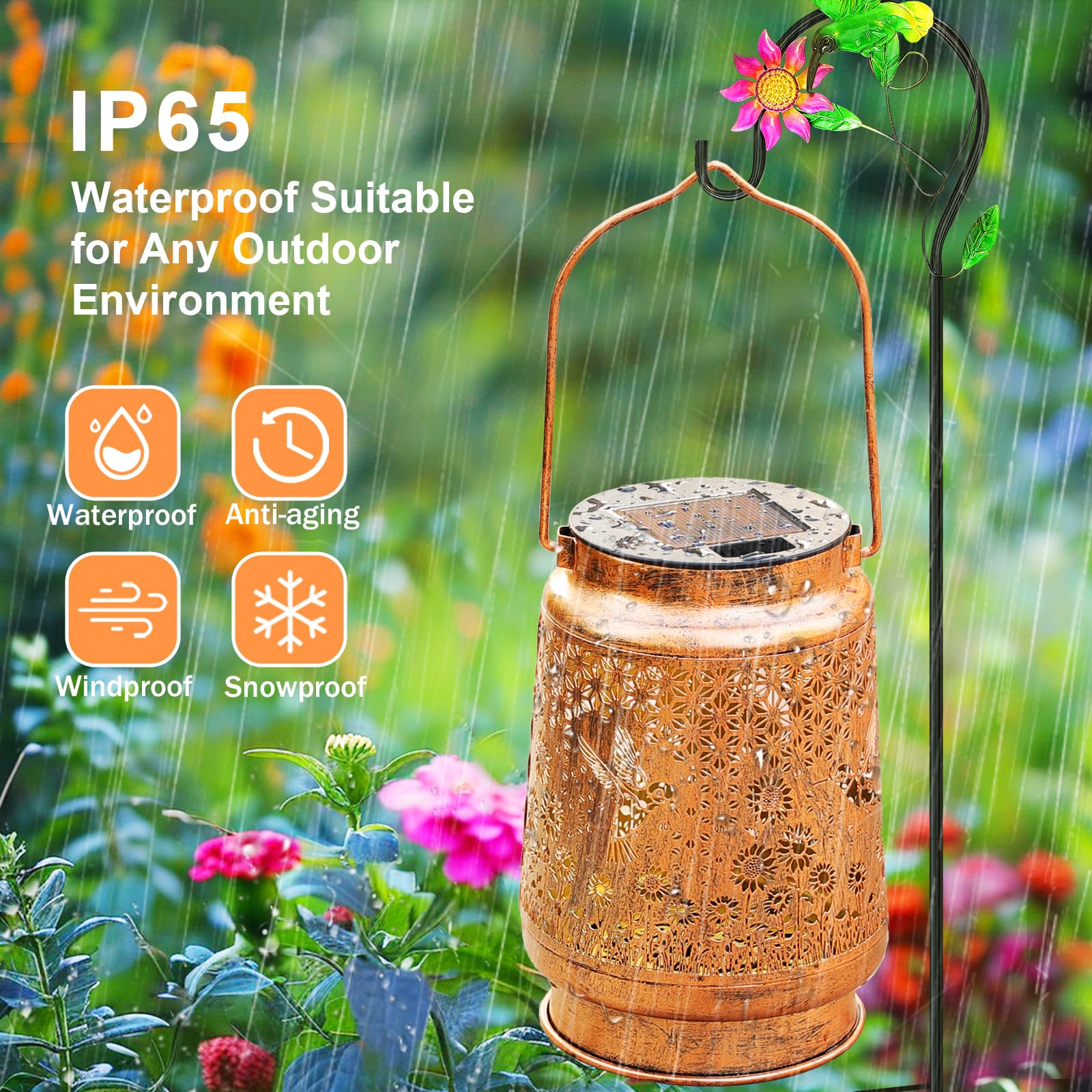 Confezione da 2 lanterne solari solari da esterno con gancio a pastore, impermeabili, colibrì, girasole, decorazione da giardino, decorazione a LED per cortile, patio, tavolo, prato, regalo perfetto