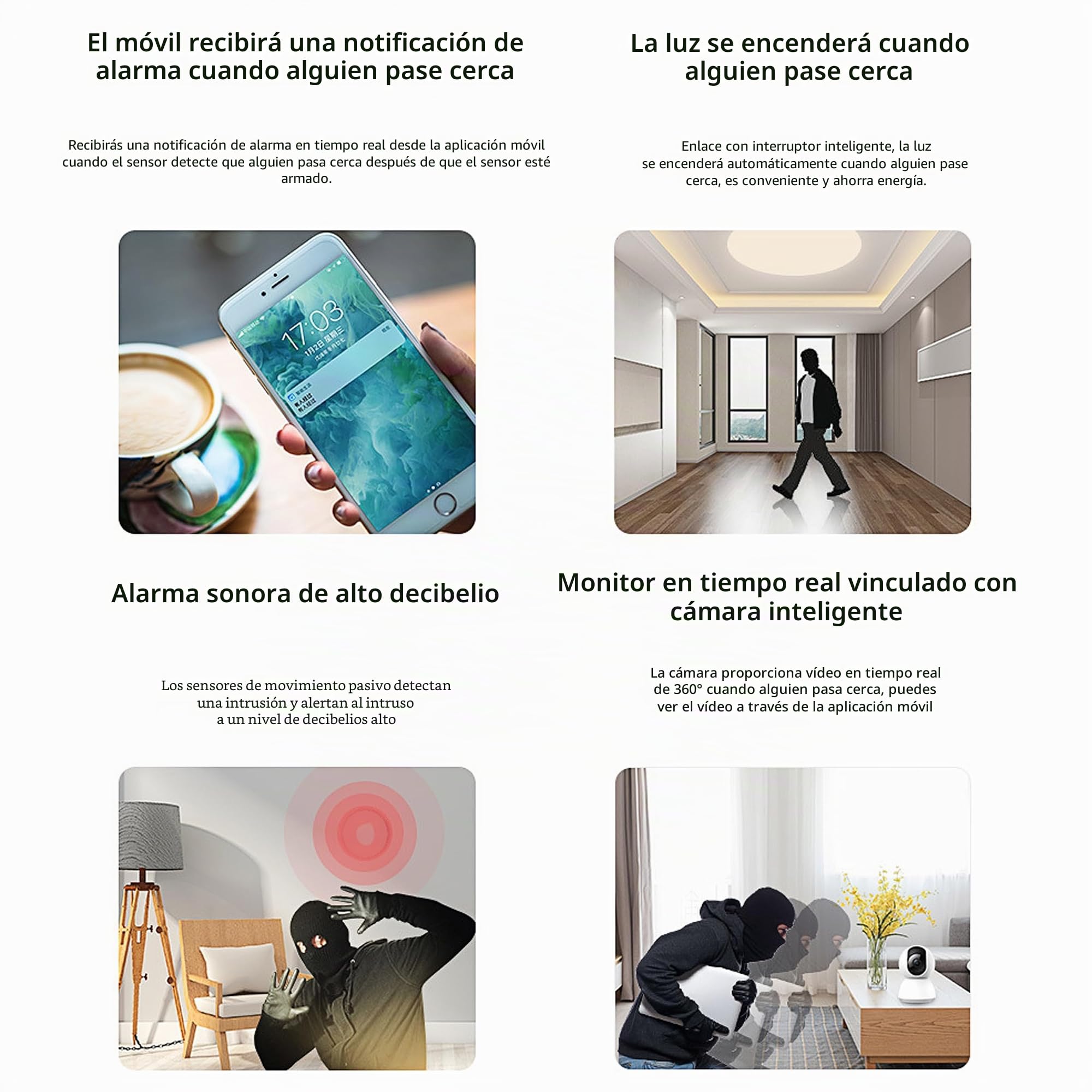 Sensor de Movimiento WiFi, Sensor de Movimiento Inteligente, Sensor de Presencia, Funciona con Alexa App, Dispositivos Echo (4 Pack), COM-P01