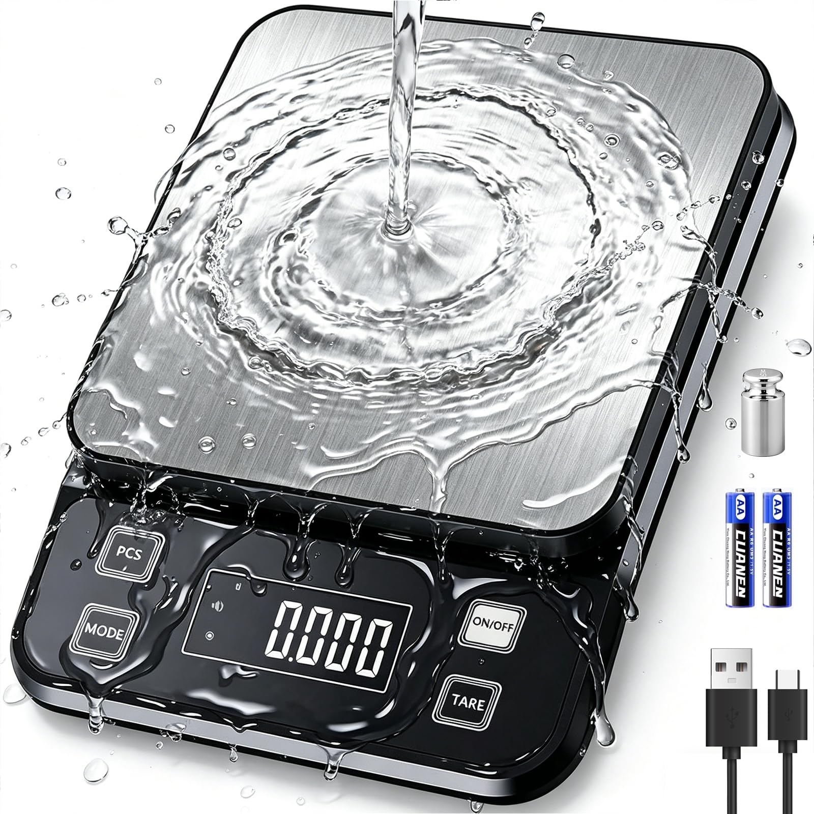 IPX7 Waterproof Food Scale 0.1g Precision Kitchen Scale, 10kg/22lb Digital Food Scale USB Rechargeable, Backlight Gram Scale Stainless Steel & Washable Digital Scale for Cooking, Baking,Weight Loss