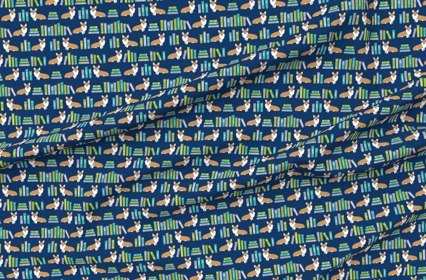 Spoonflower Fabric - Corgi Library Book Librarian Dog Books Corgis Pet Portrait Blue Printed on Organic Cotton Sateen Fabric by The Yard - Sewing Quilting Apparel Home Decor