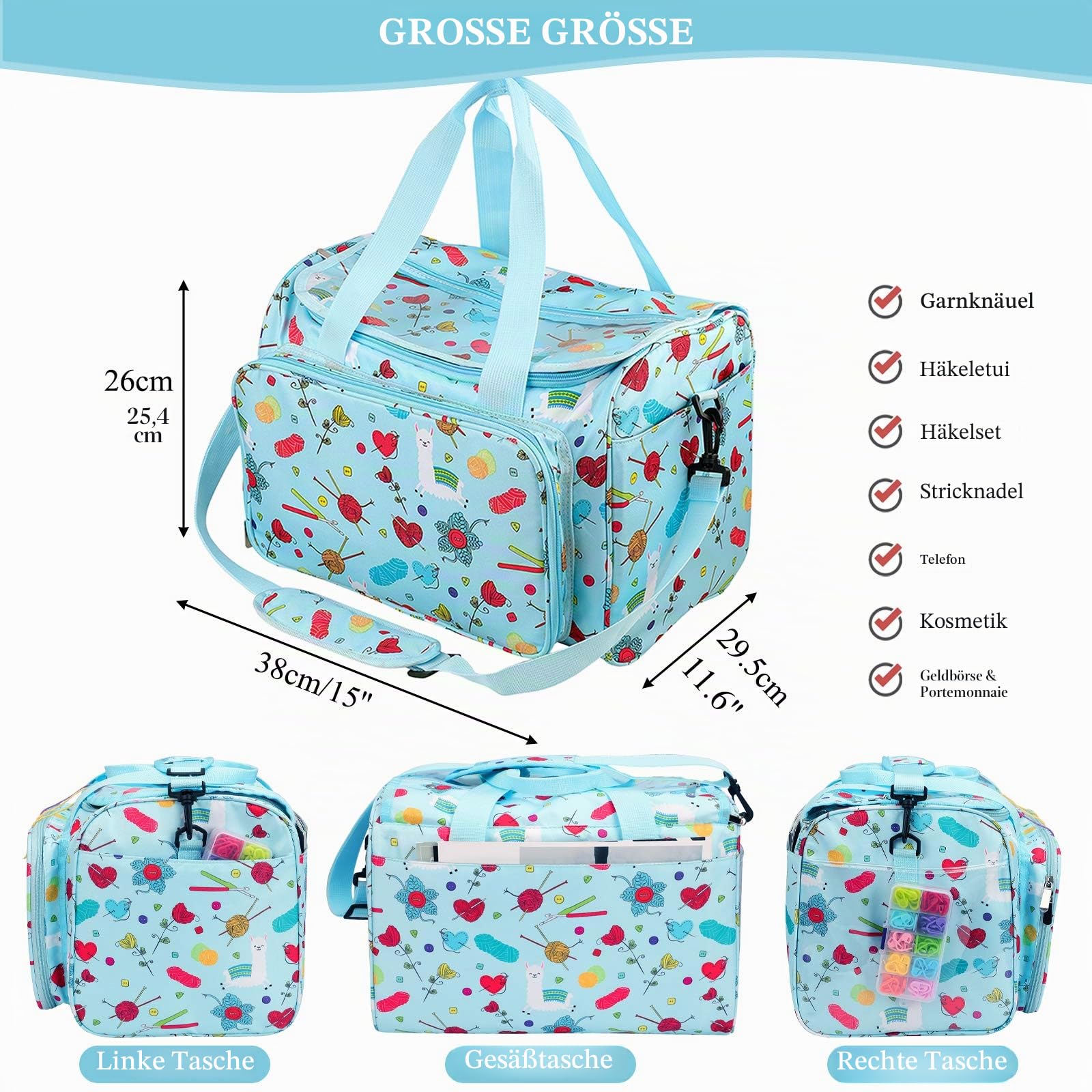 Coopay Garntasche, Basteltasche für Stricknadel-Set, Häkelset und Kreuzstich-Set zur Aufbewahrung, Garn-Organisierer für Anfänger und Profis, Oxford-Tuch, 38,1 x 27,9 x 25,4 cm
