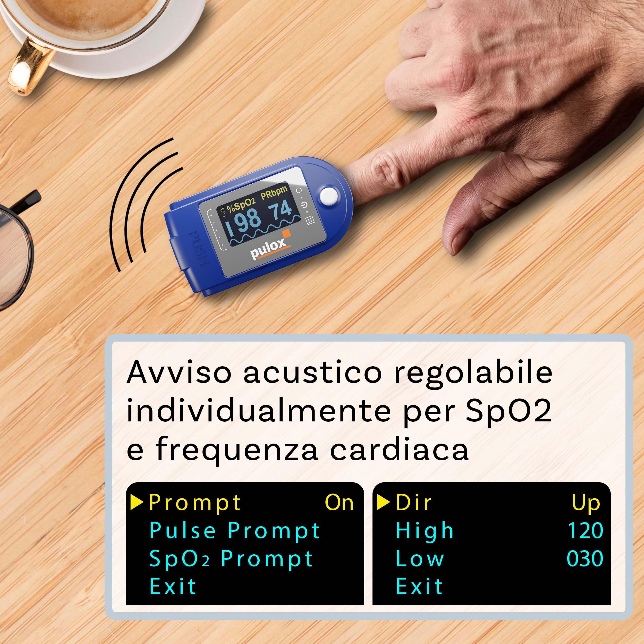 Pulossimetro Pulox PO-250 - Saturimetro da dito per misurare SpO2 e polso, funzione di allarme e registrazione e accessori