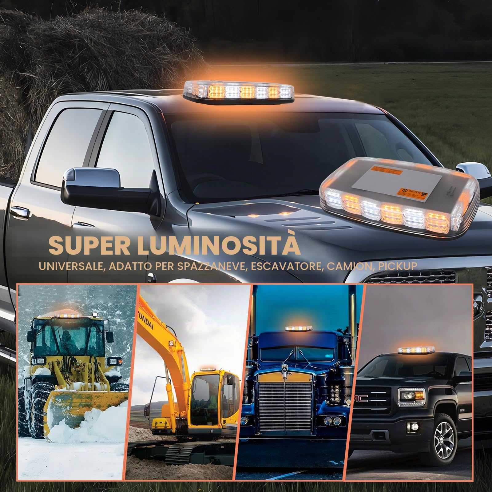 AOHEWEI Barra Luminosa LED Stroboscopica Ambra, 108 LED 10 Modalità Lampeggiante - Luce di Emergenza per Veicoli, Impermeabile IP67 con Base Magnetica 12V/24V per Rimorchi Camion SUV Veicoli