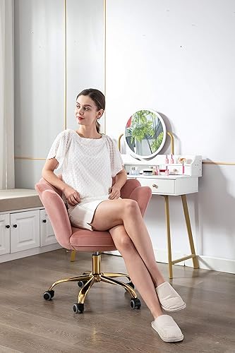 Miniatura 4 de ZOBIDO Cómoda silla de trabajo para oficina en casa con ruedas, bonita y moderna silla tapizada de terciopelo con respaldo de conchas marinas