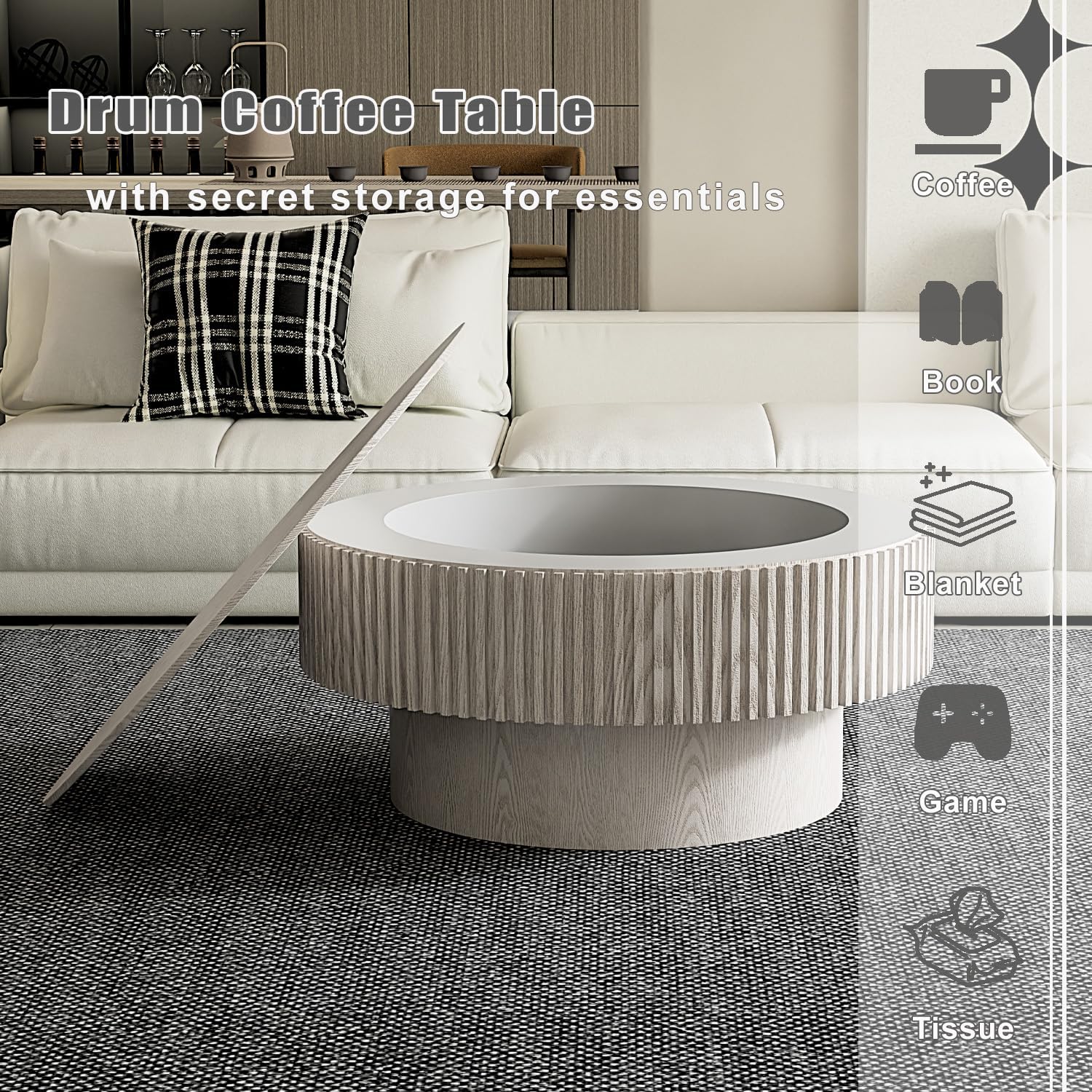 Round Coffee Table with Storage, Modern Wooden Coffee Table with Solid Wood Veneered, Circle Center Table Accent Tea Table for Living Room Small Space (31.5''L × 31.5''W × 14''H, Retro White)