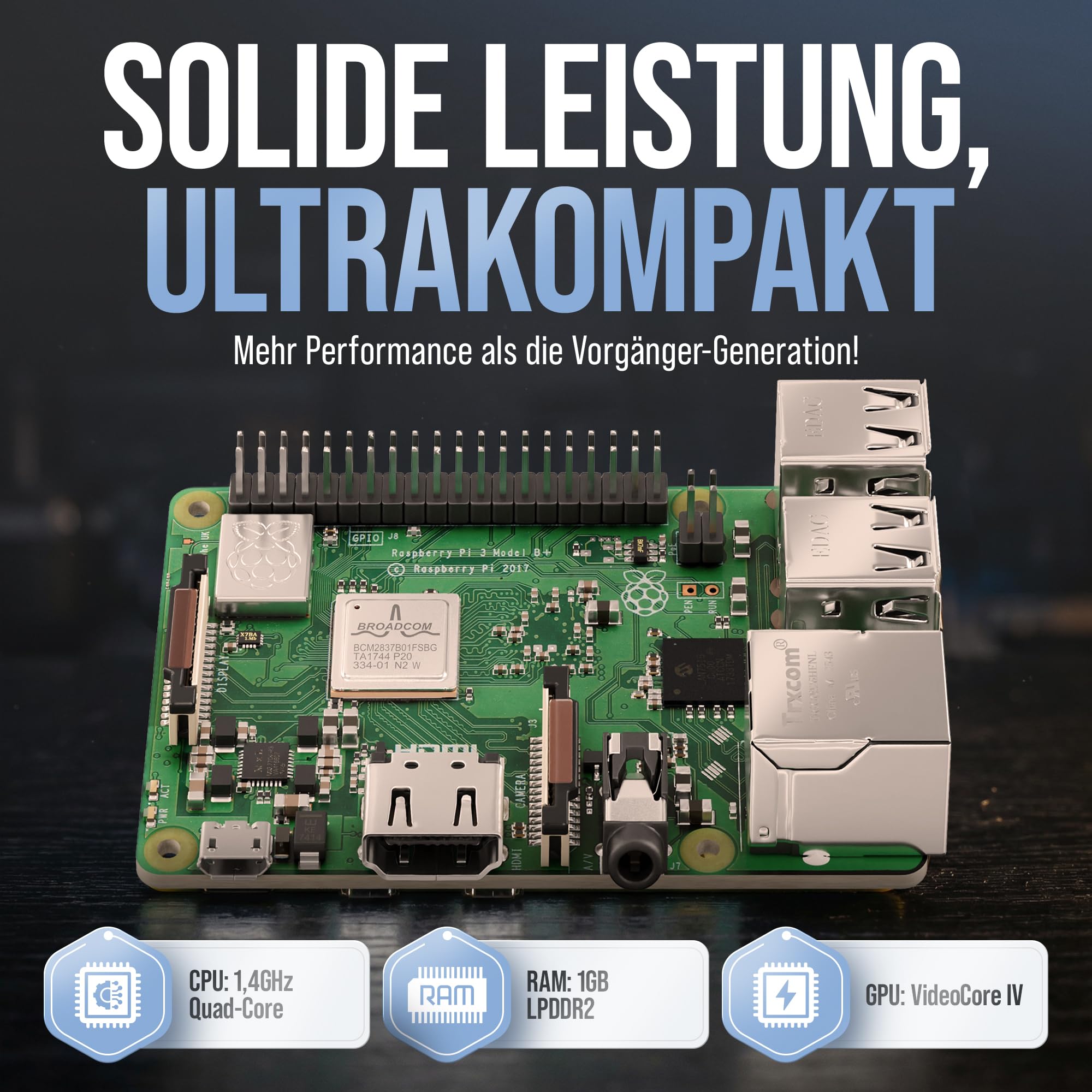 Raspberry Pi 3 B+ 1GB Starter Set 64GB Edition Netzteil Gehäuse Kühlkörper 4K HDMI Kabel