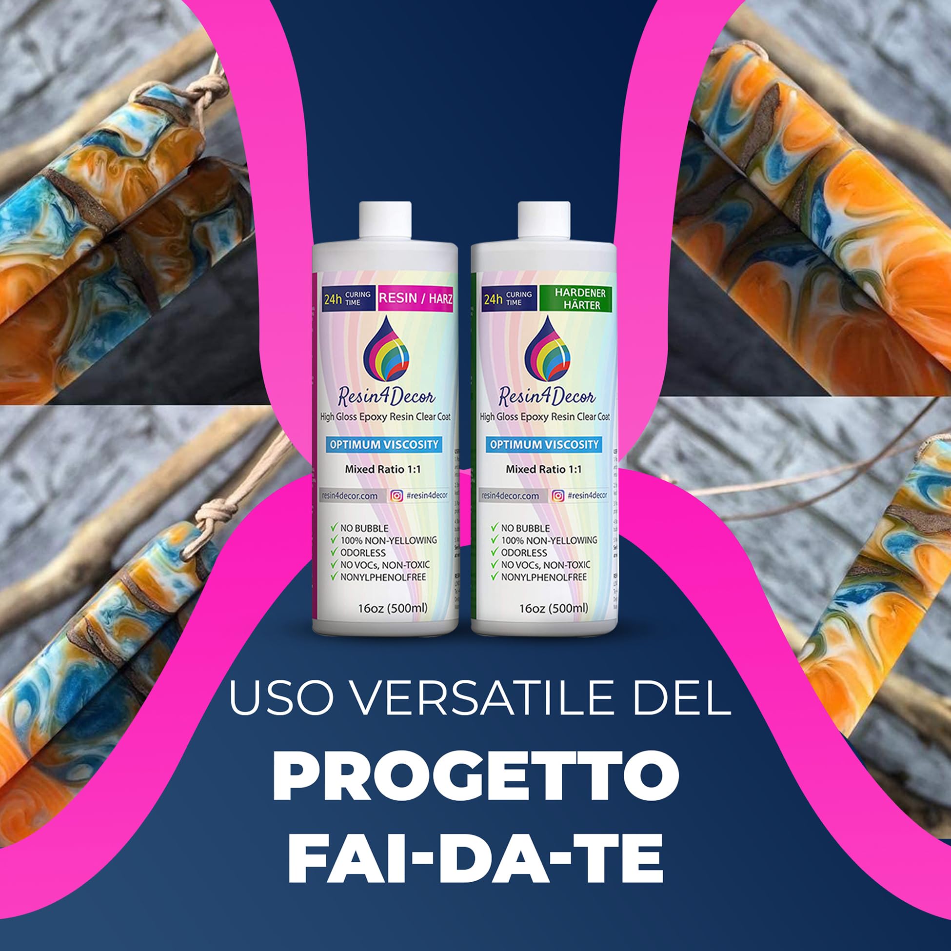 Resina Epossidica Trasparente Kit RESIN4DECOR 1:1 per Artigianato Artistico Creazione di Gioielli Stampi Non Ingiallente Non Tossico Finitura 24 ore Tempo di Cura Inodore Art Resin - 2000ml