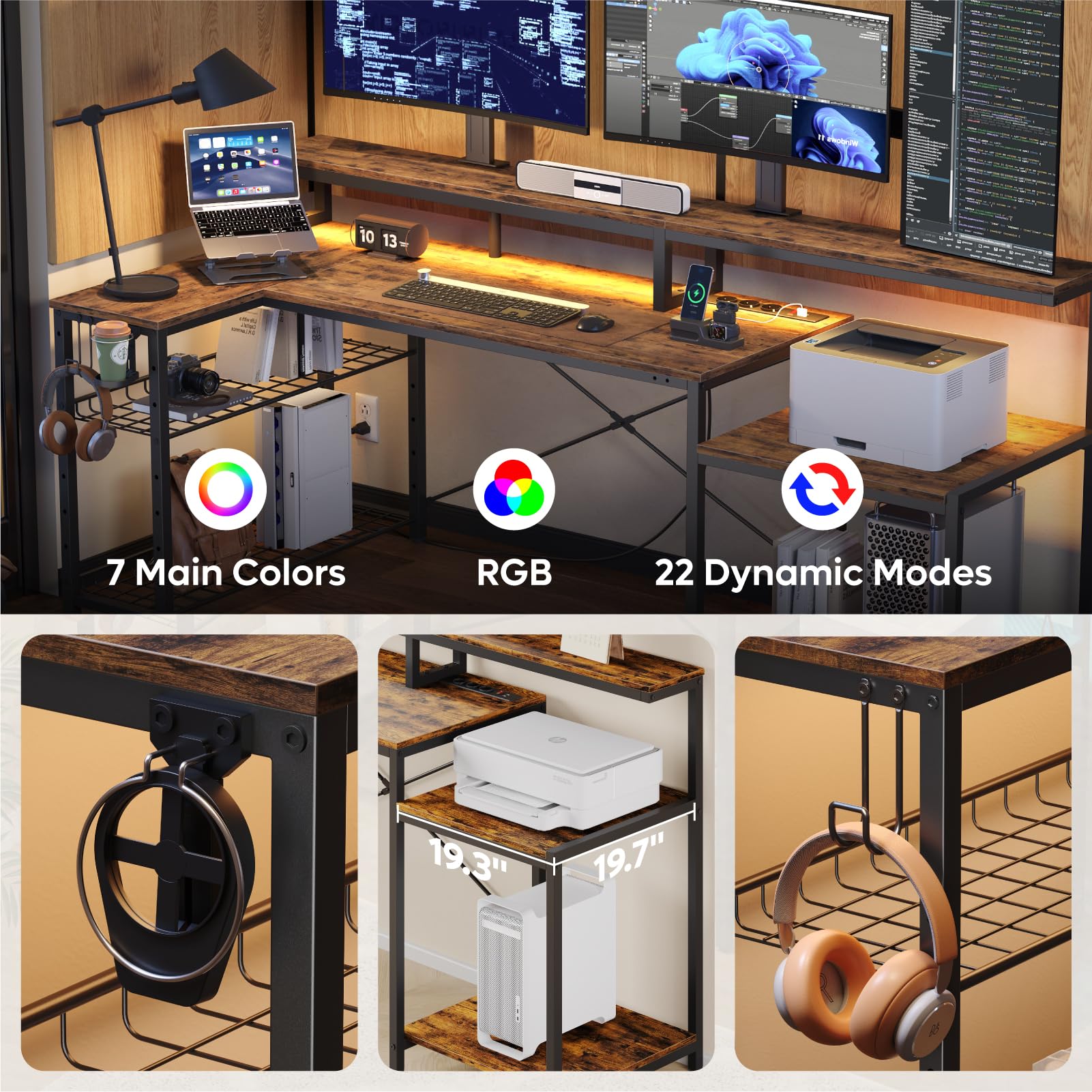 Bestier Gaming Tisch, 181x80 cm Schreibtisch mit LED-Leuchten, L-förmiger Schreibtische mit 3 AC-Steckdosen und 2 USB Ladeanschluss, Computertisch mit großzügiger Monitorablage, Kohlefaser