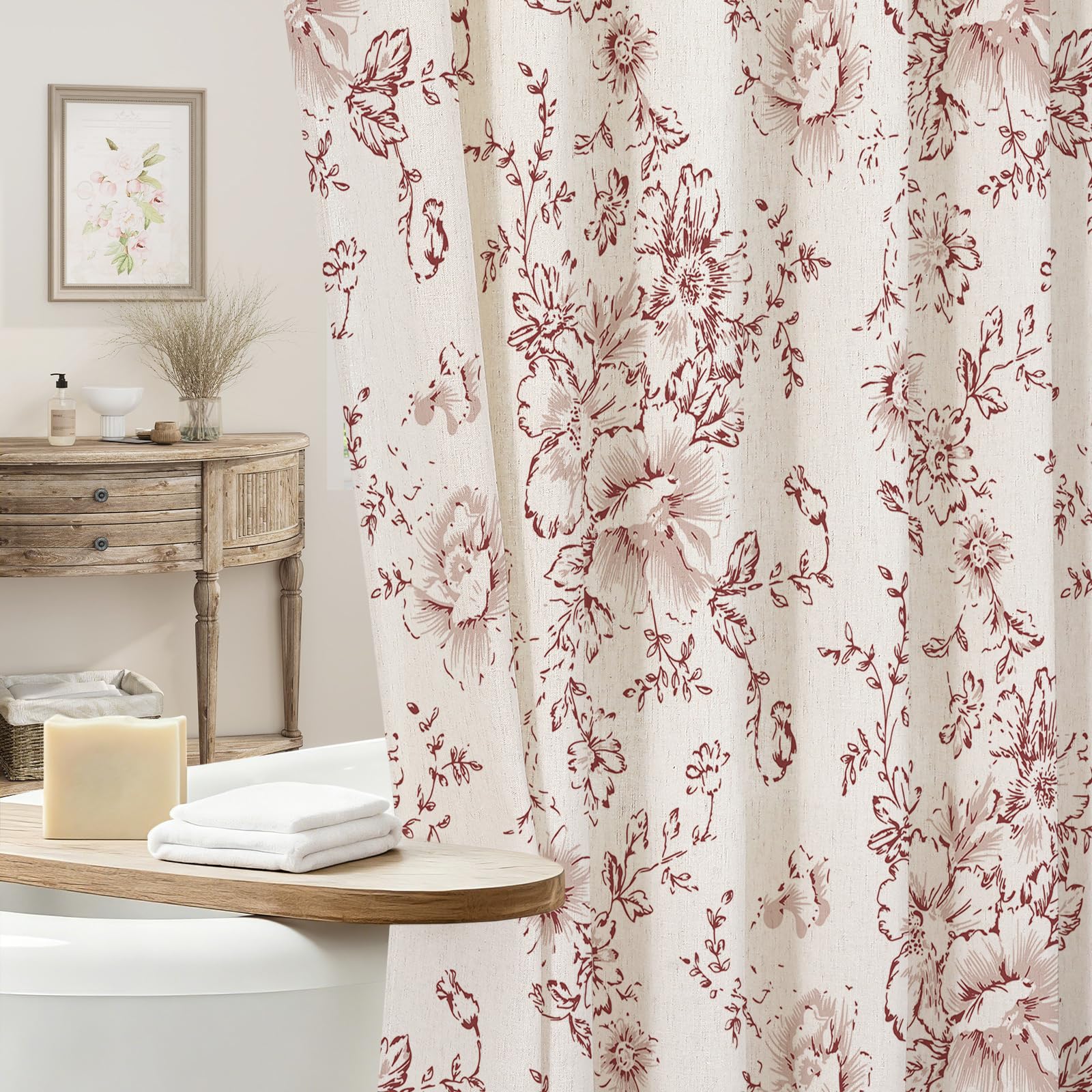 Craidlela Farmhouse Floral Shower Curtain, Small Burgundy Linen Shower Curtains, Vintage Cottagecore Shower Curtain for Bathroom, Tan Taupe, 36x72