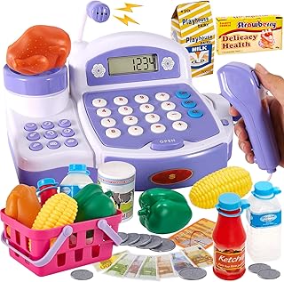 BUYGER Large Electronic Cash Register for Children, with Scanner Scales Microphone, Play Cash Register with Lit and Sound, Cash Register Toy for Children Girls from 3 Years