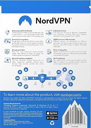 NordVPN Standard - 2.5-Year VPN & Cybersecurity Software Subscription For 6 Devices - Block Malware, Malicious Links & Ads, Protect Personal Information [Physical box]
