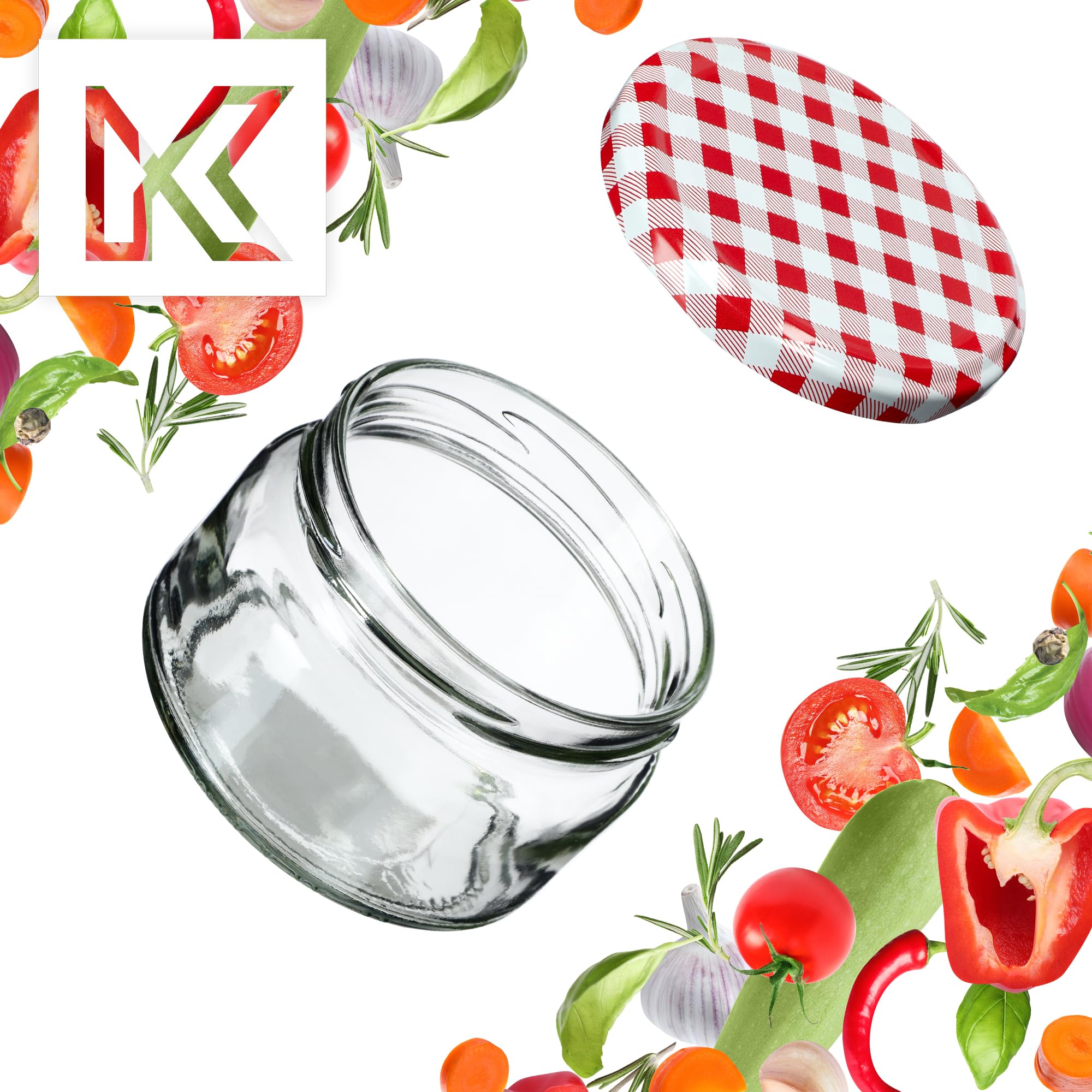 KADAX Zestaw 100 słoików na dżem 250 ml z zakręcanymi pokrywkami Ø 82 mm w kolorze czerwonym w kratkę – hermetyczne, nadają się do mycia w zmywarce, idealne do marmolady, chutneys, marynowanych warzyw