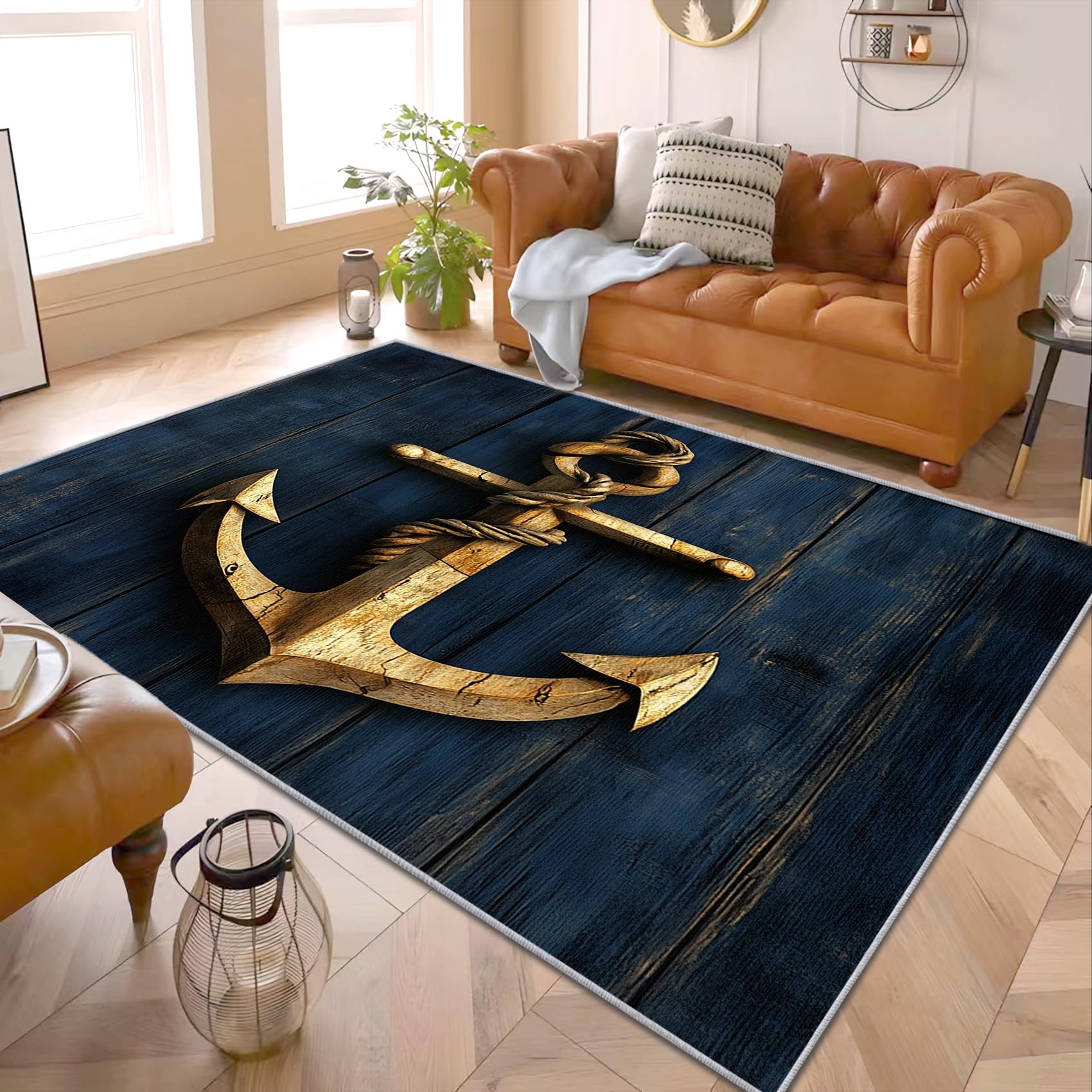 Anchor Gifts - Anchor Nautical Themed Rug, Nautical Beach Themed Rugs for Living Room Bedroom, Washable Non Slip Soft Small Carpet, Patterned Area Rugs & Home Decor 60x90 cm