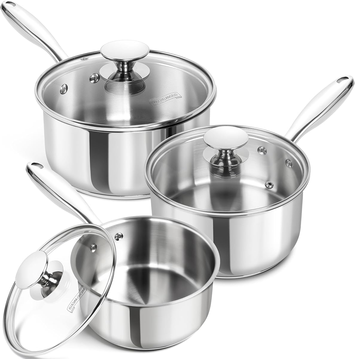 MICHELANGELO Juego de cacerolas de acero inoxidable – Cacerolas de 1, 2, 3 cuartos con tapas, ollas pequeñas de acero inoxidable para cocinar, compatibles con inducción, aptas para lavavajillas y horno