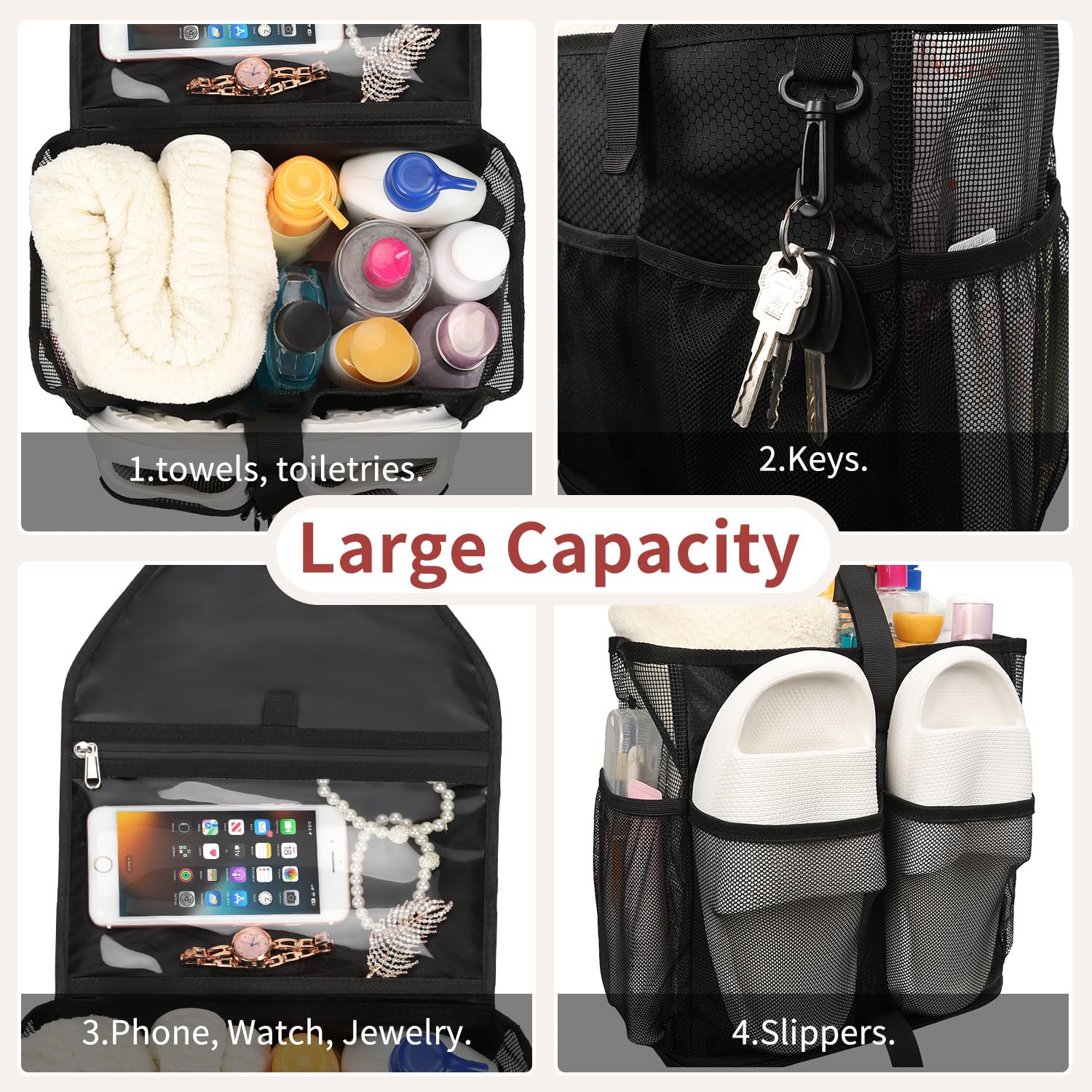 Organizador de ducha de malla colgante portátil para dormitorio universitario, bolsa de ducha de gran capacidad para chicos y niñas, para playa, natación, gimnasio 4