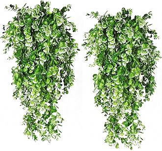 RECUTMS 4 Pack Artificial Plants Hanging Faux Eucalyptus Leaf Greenery Fake Plant for Wall House Room Patio Indoor Outdoor Home Shelf Office Decor (White)