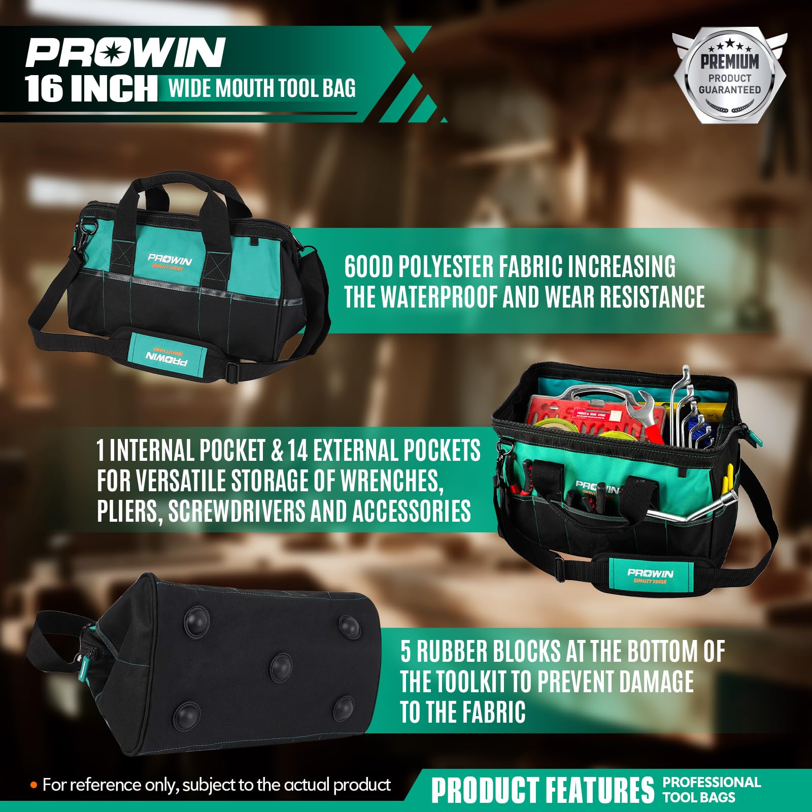 Prowin 16-inch Wide Mouth Tool Bag Multi-pocket Tool Organizer