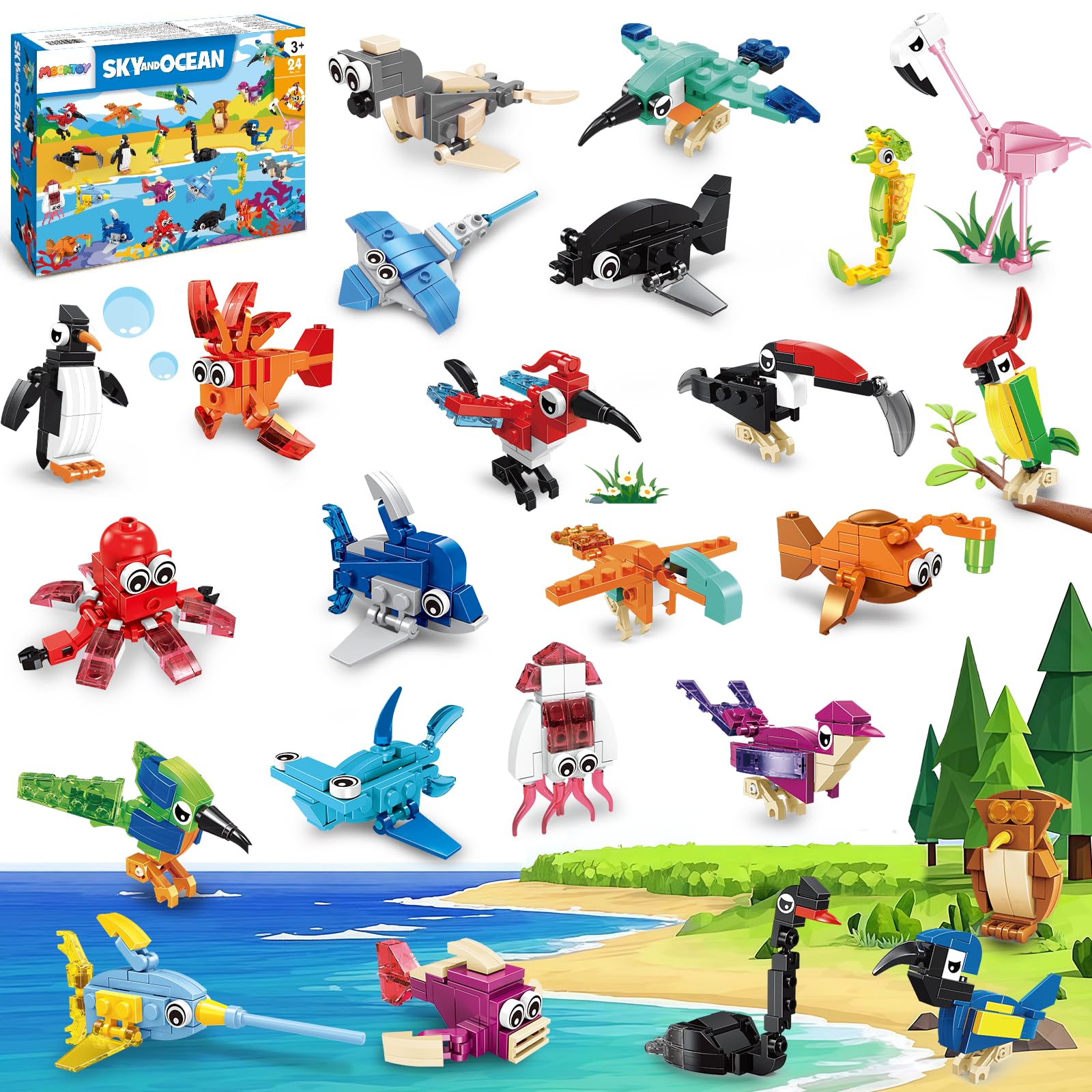 MOONTOY Regalini Fine Festa Compleanno Invitati, 24 Pack Animali Blocchi da Costruzione Gioco Costruire, 3 IN 1 Mini Mattoncini Costruzioni Bambini 3-12 Anni, Party Favors per Pasqua Carnevale Natale