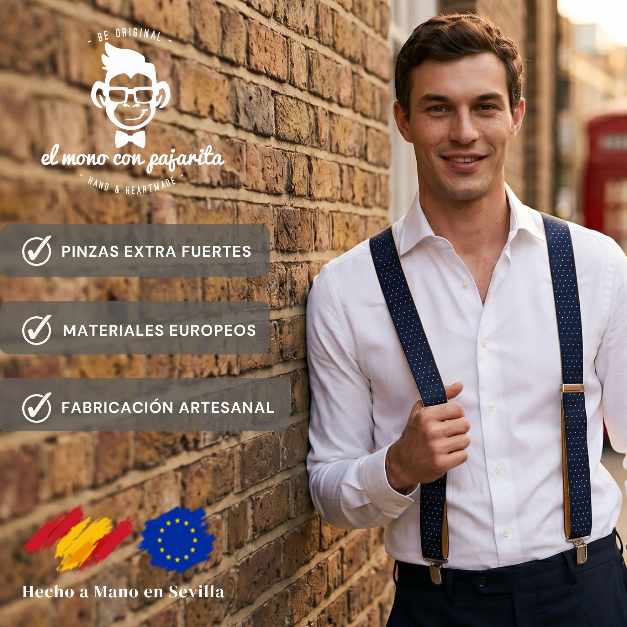 Tirantes Hombre Lunares Hechos a mano. Tirantes para pantalones hombre con 3 pinzas extrafuertes. Elásticos originales, con Estilo y Durabilidad.