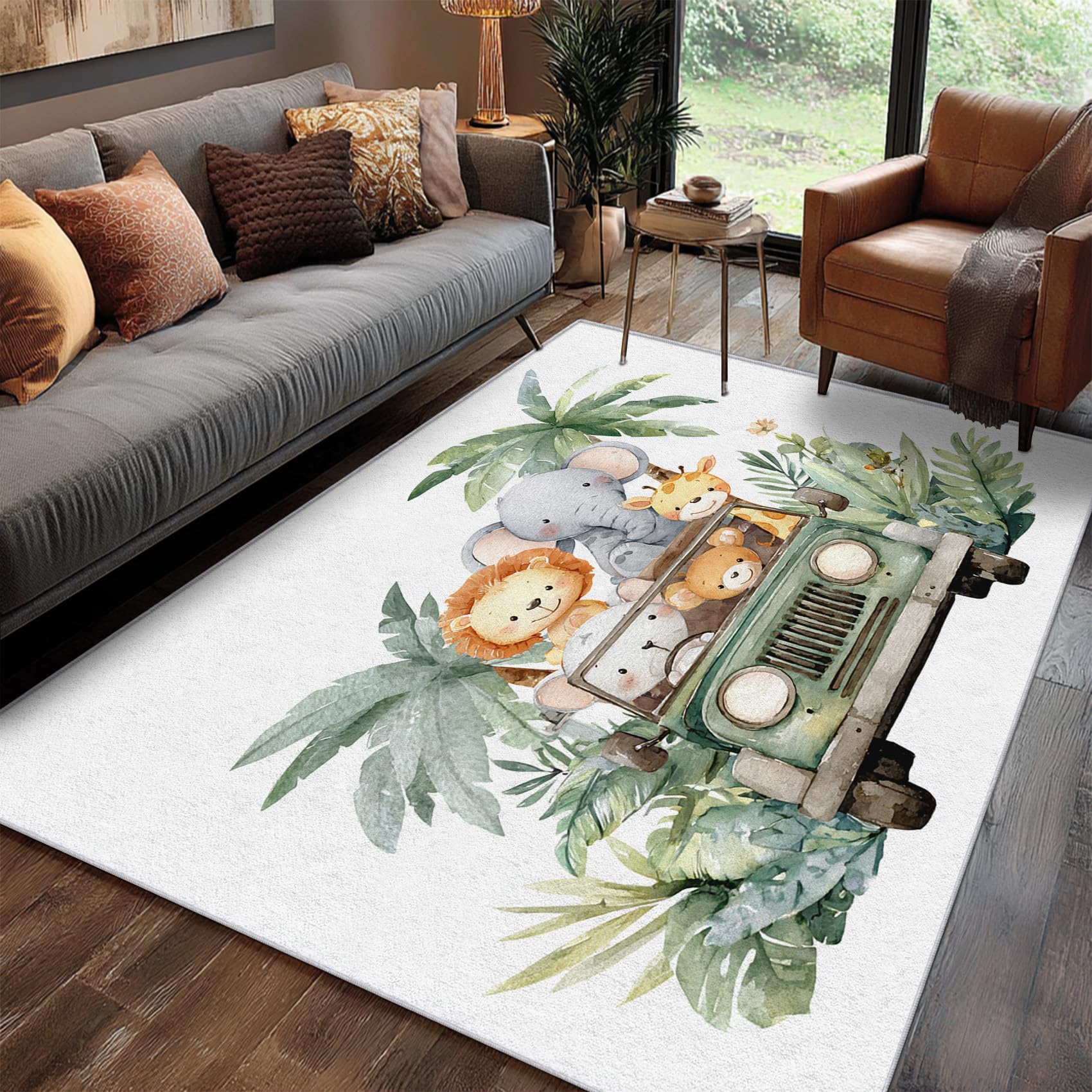 Générique Tapis Salon 120x180 cm Safari Enfant, Tapis Imprimé Animaux Jungle, pour Chambre à Coucher, Descente de Lit, Moquette Decoration Interieur, Lavable, Poil Ras, Antidérapant A(1794)