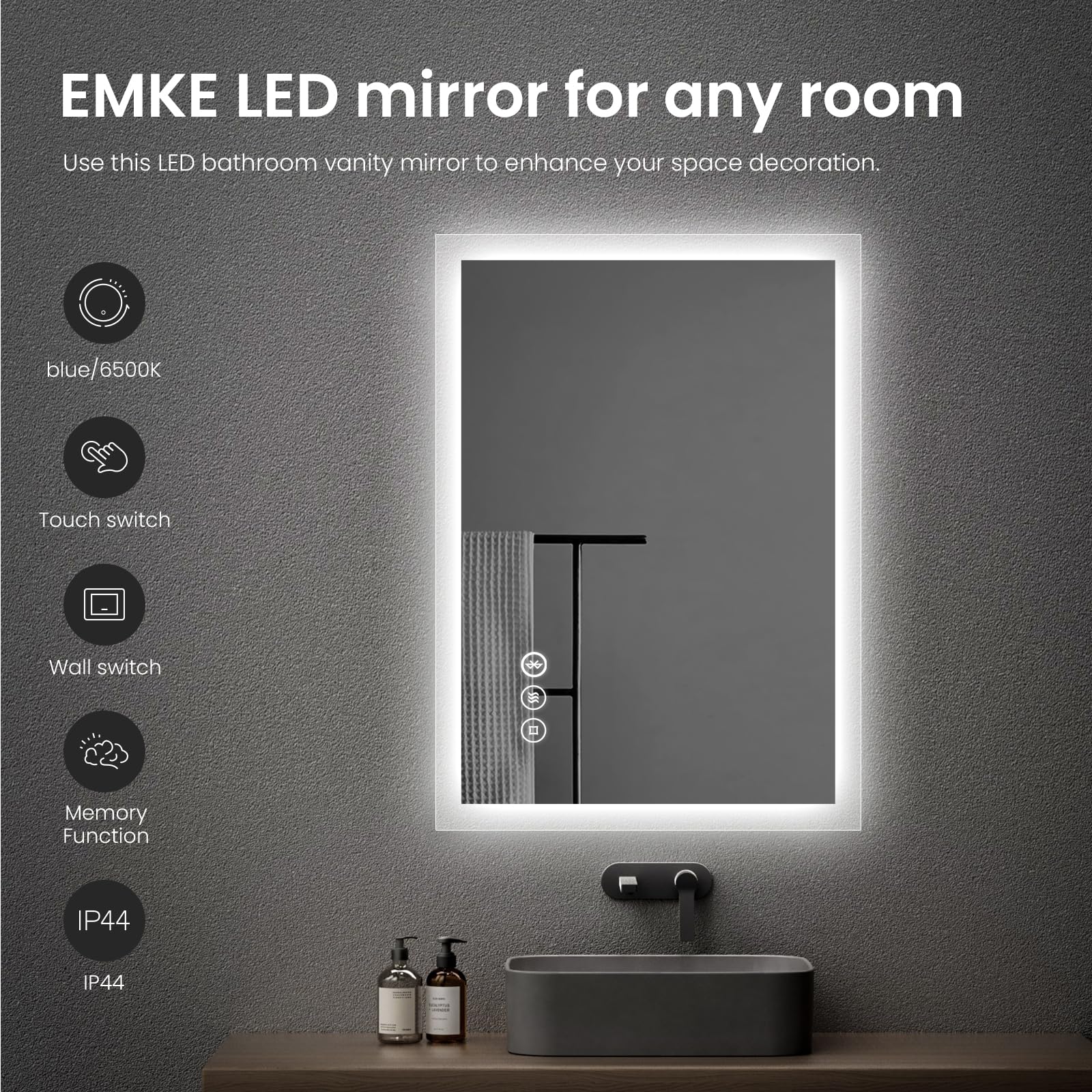 EMKE Espejo de baño Bluetooth con Enchufe para afeitadora, 450 x 600 mm, Espejo de baño Iluminado con Ambiente Azul con 3 Tonos de Color, Regulable, función de Memoria, antivaho montado en la Pared