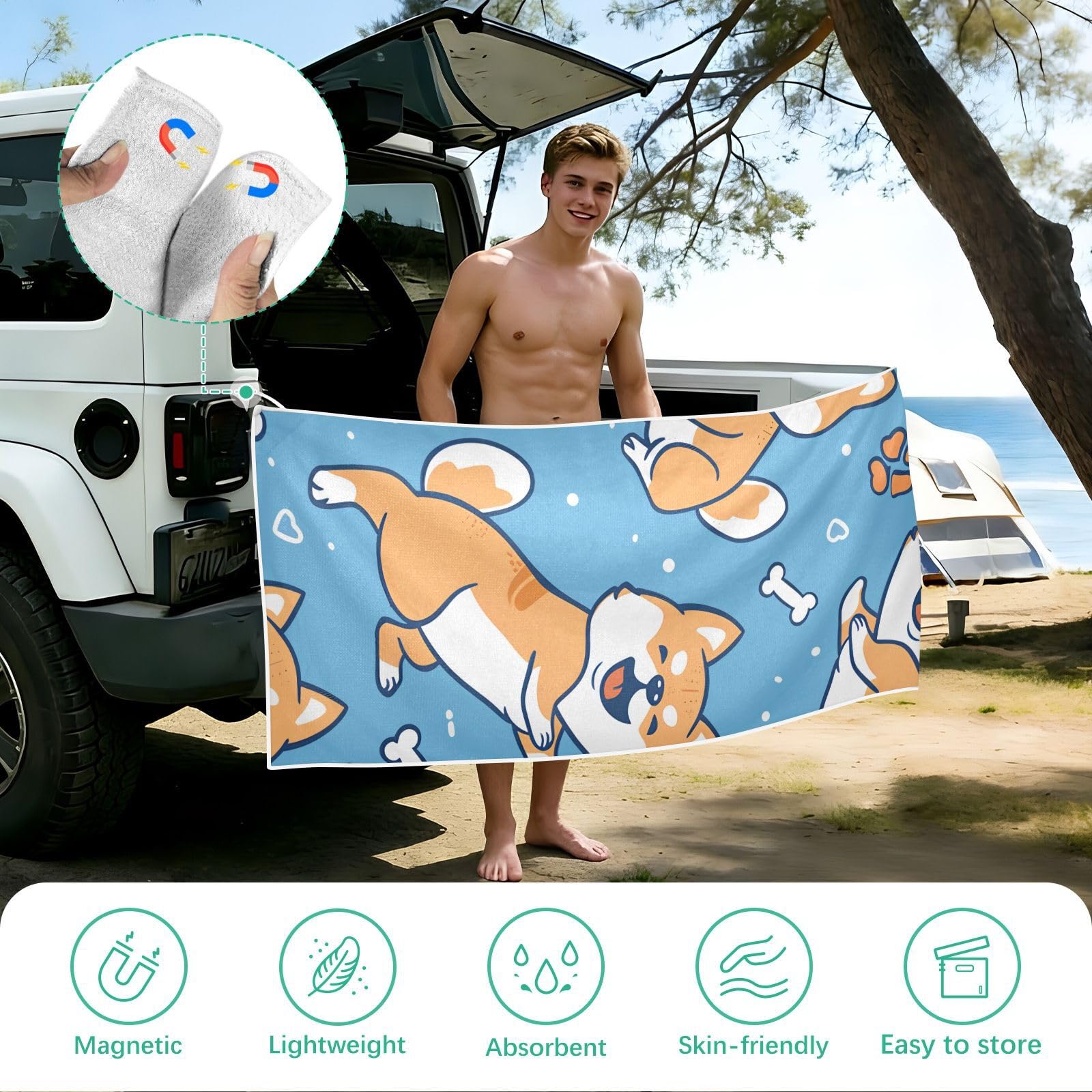 Toallas de playa grandes con bolsas de malla para adultos, lindo perro Shiba con huesos, toalla de baño con cierre magnético, toalla absorbente de secado rápido para piscina, camping y viajes