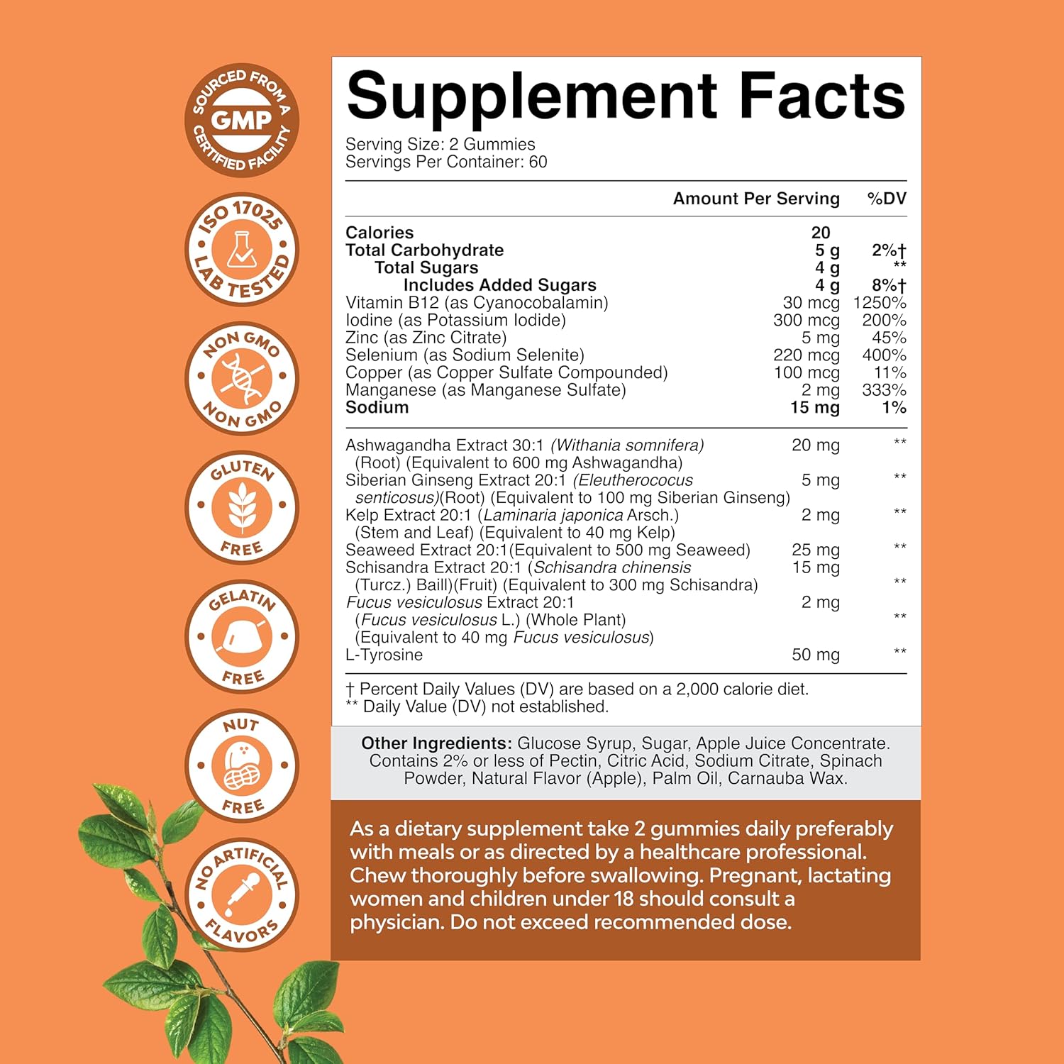 Vegan Thyroid Support Gummies with Sea Moss - Thyroid Support Gummies for Comprehensive Support for Men and Women with Iodine Selenium and Other Potent Vitamins - Gelatin-Free Non-GMO - 120 Count