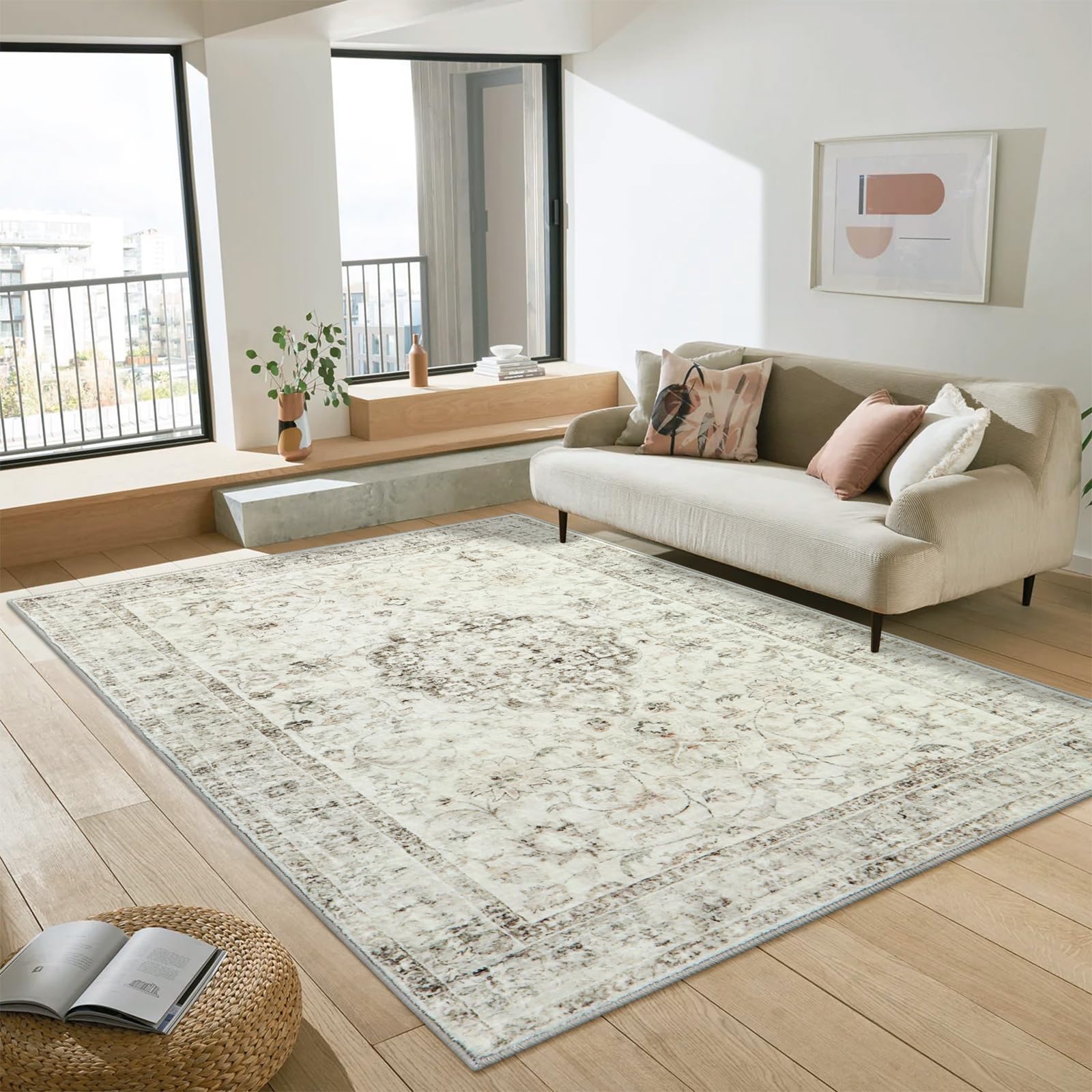 LIVEBOX Vintage Area Rug 6x9 - Large Living Room Rug Oriental Rug for Bedroom, Non-Slip Retro Floral Rug for Office Dining Room Guest Room, Traditional Faux Wool Rug Carpet Stain Resistant, Taupe