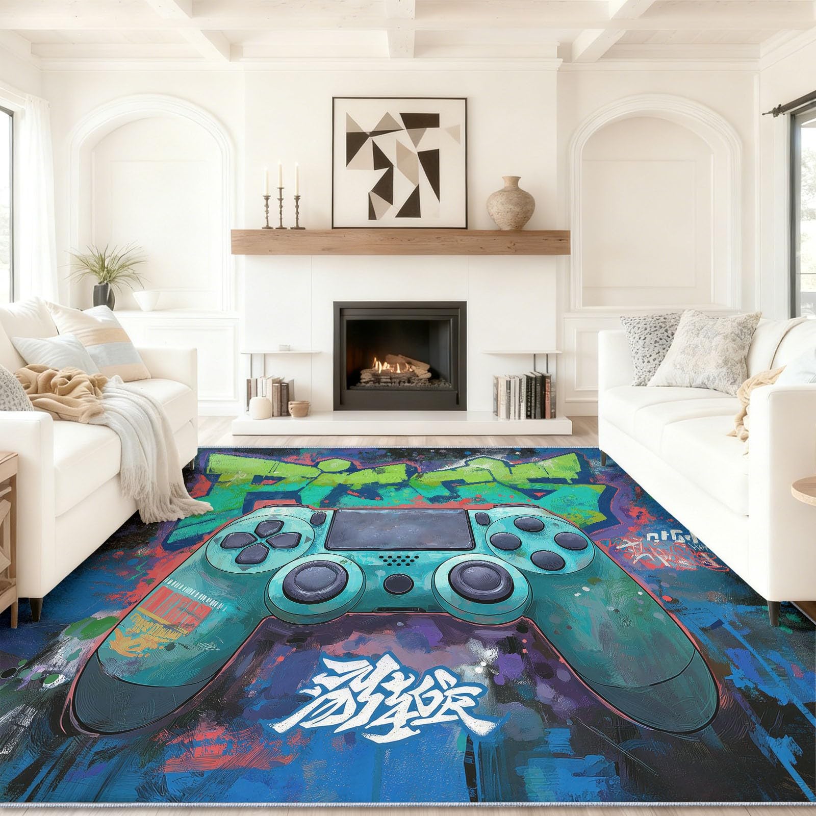 Tapis jeux vidéo doux et léger imprimé graffiti bleu 90x150cm