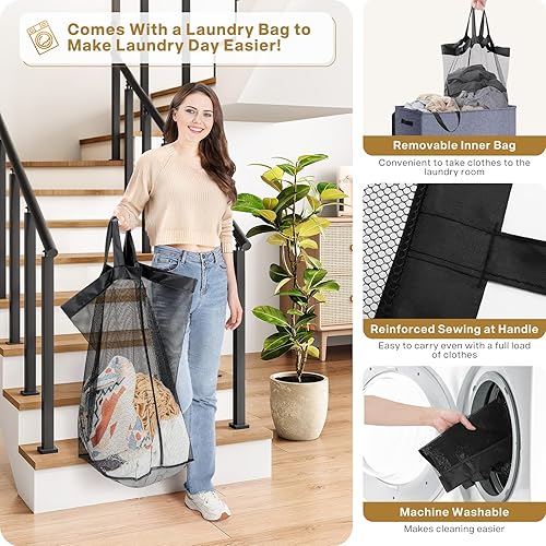 Miniatura 10 de SOLEDI Cesta de lavandería doble con tapa y asa, cesta de lavandería de 2 secciones con bolsa extraíble, cestas plegables para ropa sucia para