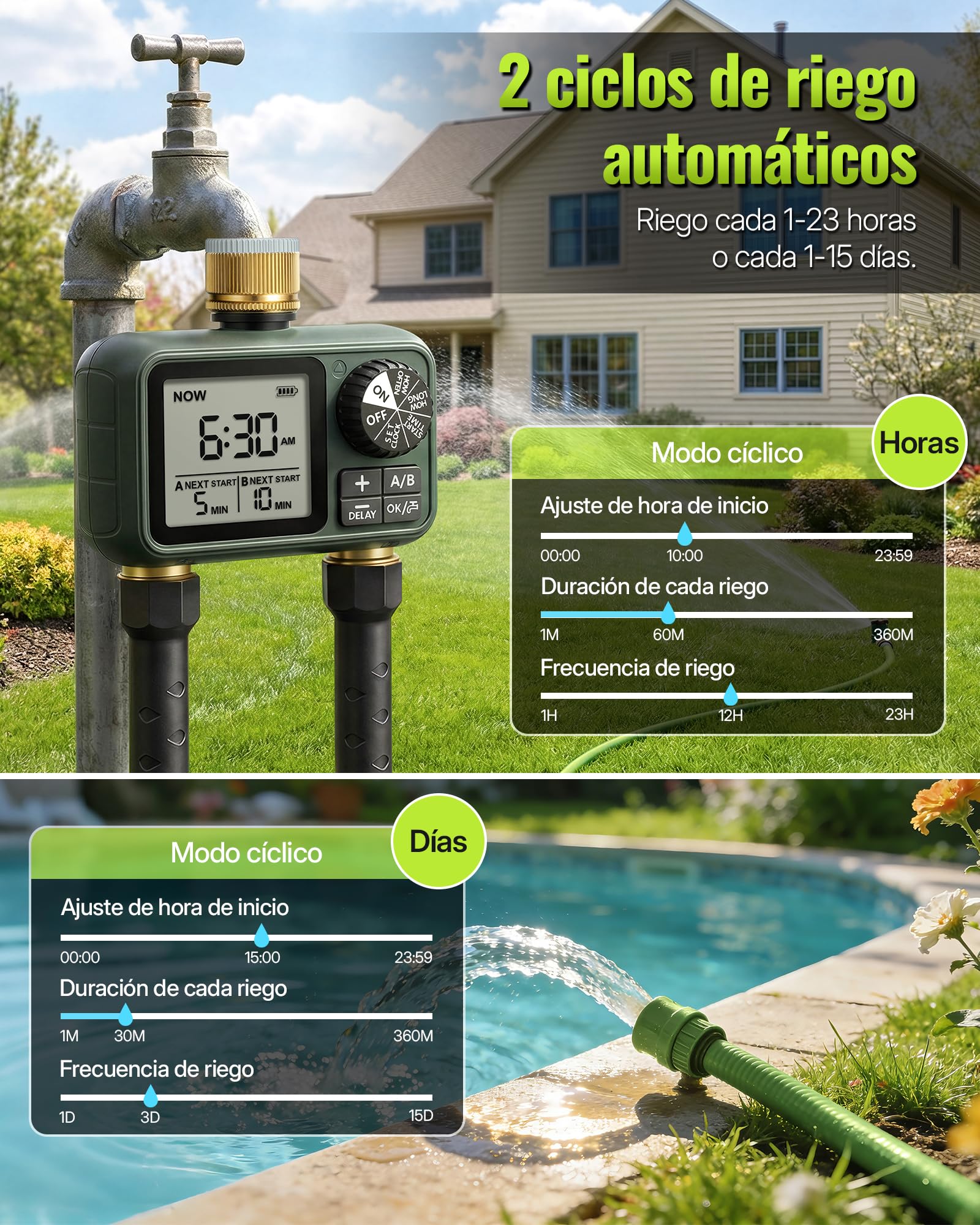 2 Valve Irrigation Programmer, Automatic Irrigation Computer, Timer for Garden Hose Tap, Rain Delay Function, Patio and Lawn, Dark Green - 3