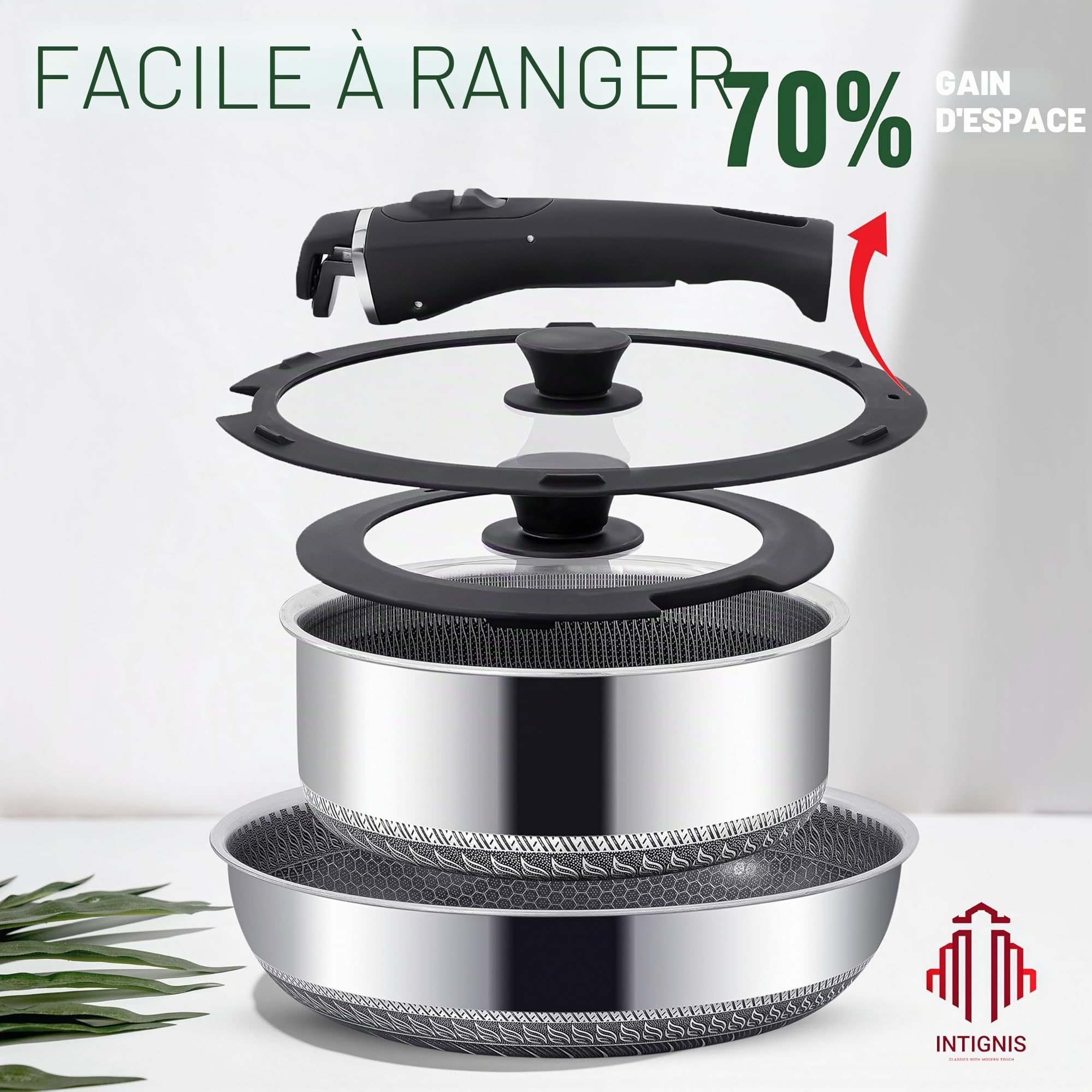 Ensemble Poêles & Casseroles Inox – Poêle 28 cm + Casserole 20 cm avec Couvercles, Manche Amovible, Design Empilable Gain de Place, Compatible Tous Feux Dont Induction, Set Cuisine Premium