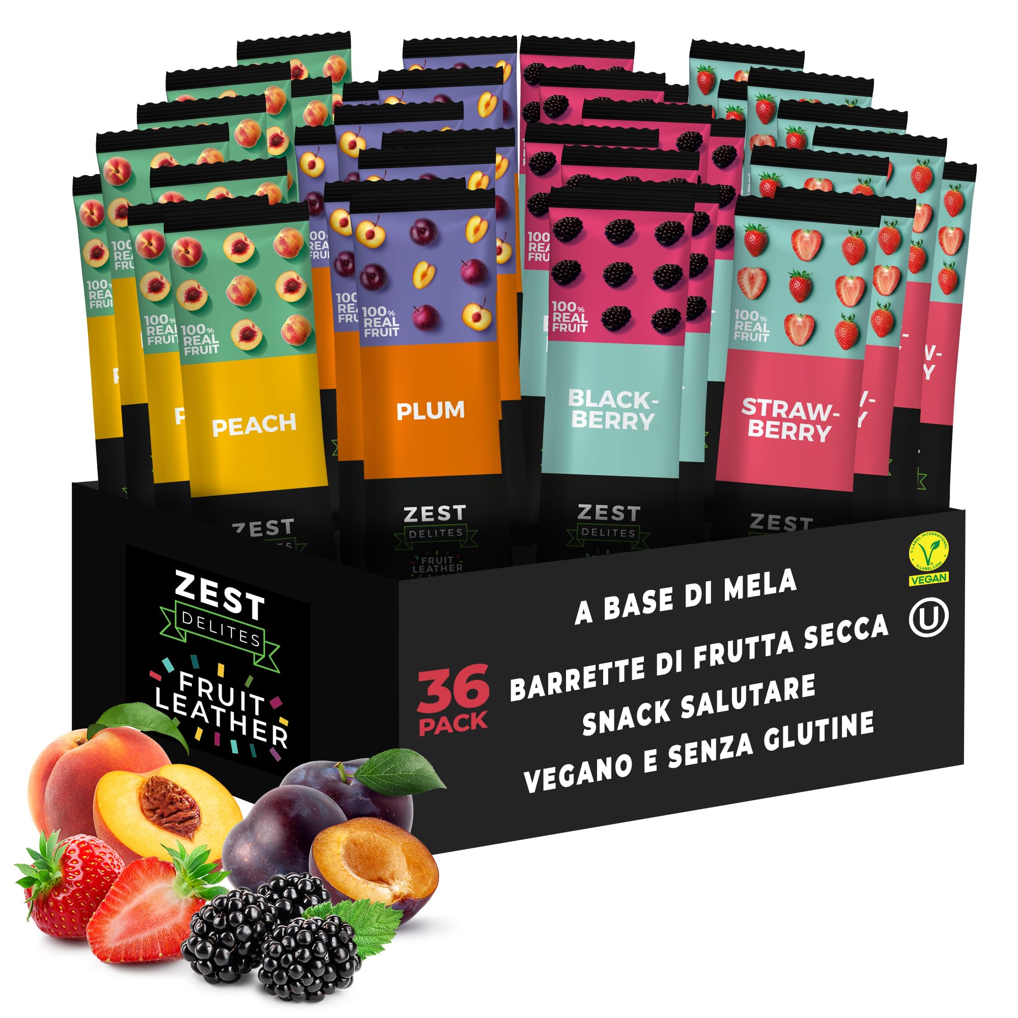Zest Delites Snack Dolci in Pelle di Frutta, Merendine Senza Glutine, 36 Pack, Fragola, Mora, Albicocca e Prugna, Barrette Energetiche Ciclismo, Frutta Secca Mix, Snack Monoporzione, 36x25g