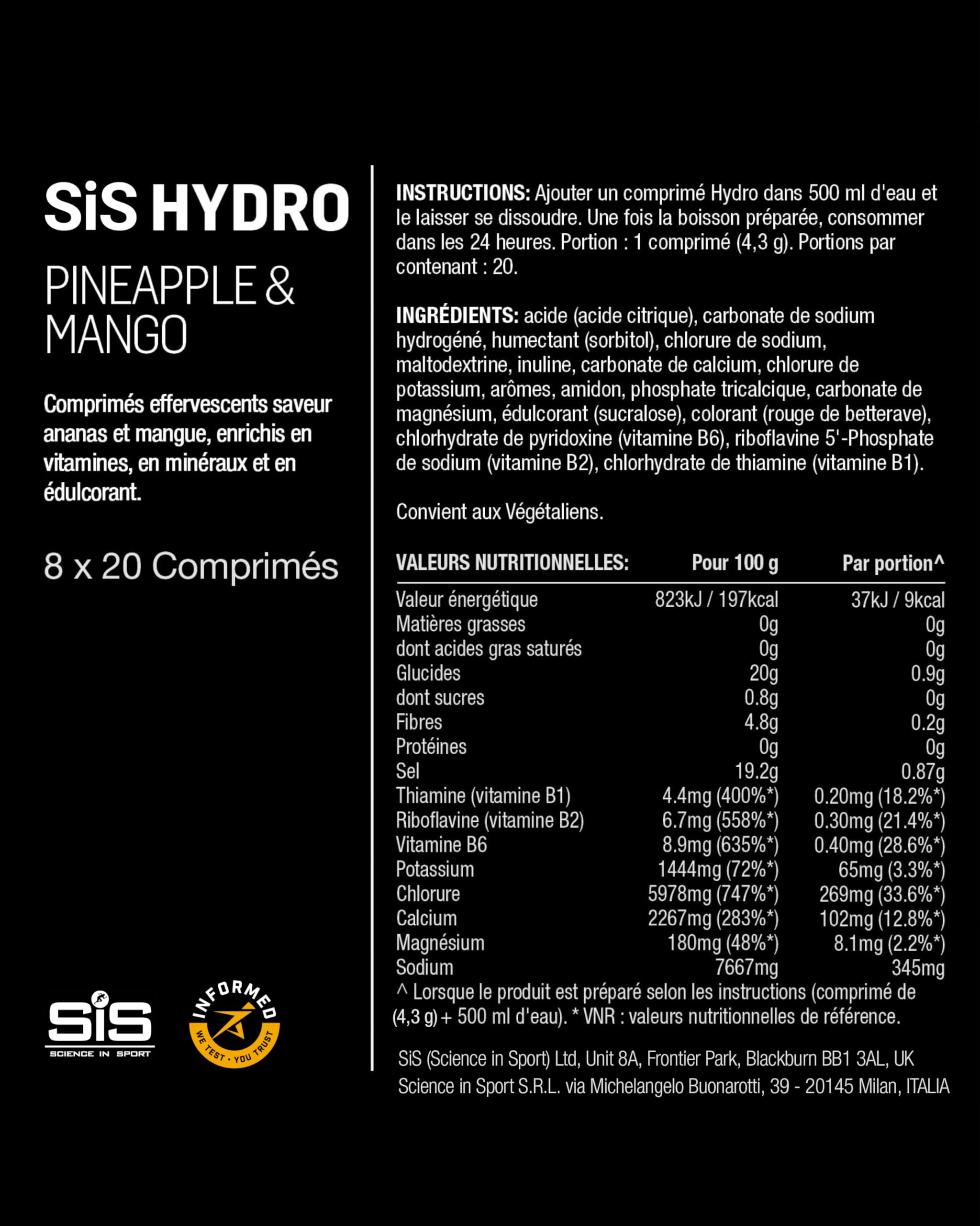 Science In Sport Hydro Comprimés d'Hydratation, Sans Gluten, Zéro Sucre, Saveur Ananas et Mangue Plus Électrolytes, 20 Comprimés Effervescents par Flacon (8 Flacons)