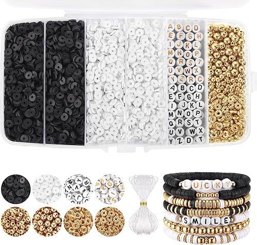 Funtopia - Kit de pulsera de cuentas de arcilla blanca y negra, cuentas Heishi de arcilla polimérica para hacer joyas, kit de pulsera de la amistad
