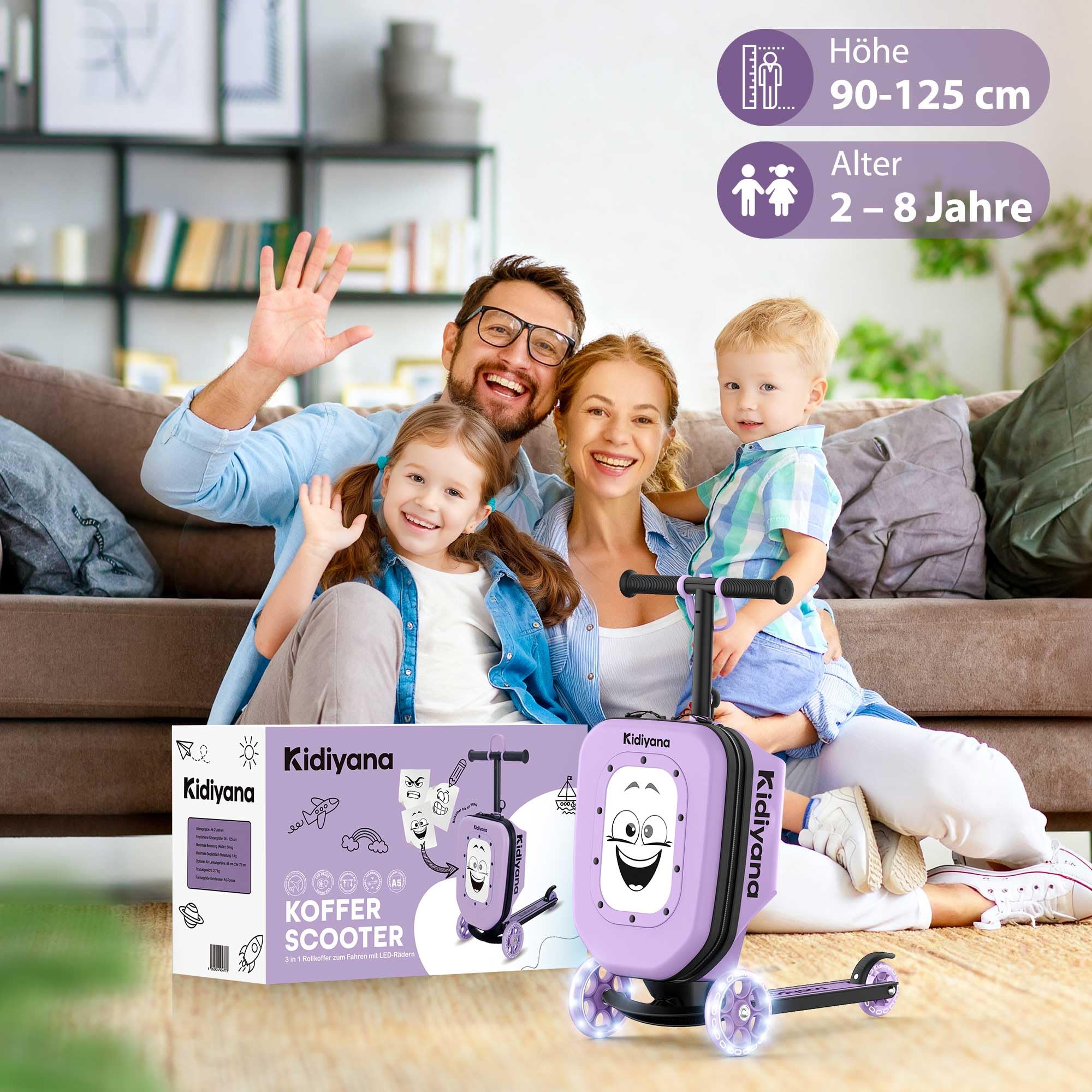 Kinder Scooter mit Koffer, Handgepäck Koffer mit Roller, LED-Rädern, Höhenverstellbarer Lenker, A5 Sichtfenster, 7cm Stauraumerweiterung, Kleinkind Geschenk für 2–8 Jahre, Bis 50kg, Lila