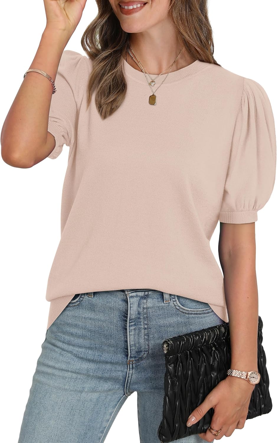 WIHOLL Women's Puff Short Sleeve Sweater 2026 Spring Summer Tops Trendy Business Causal Outfits Work Blouses Clothes - Image 3