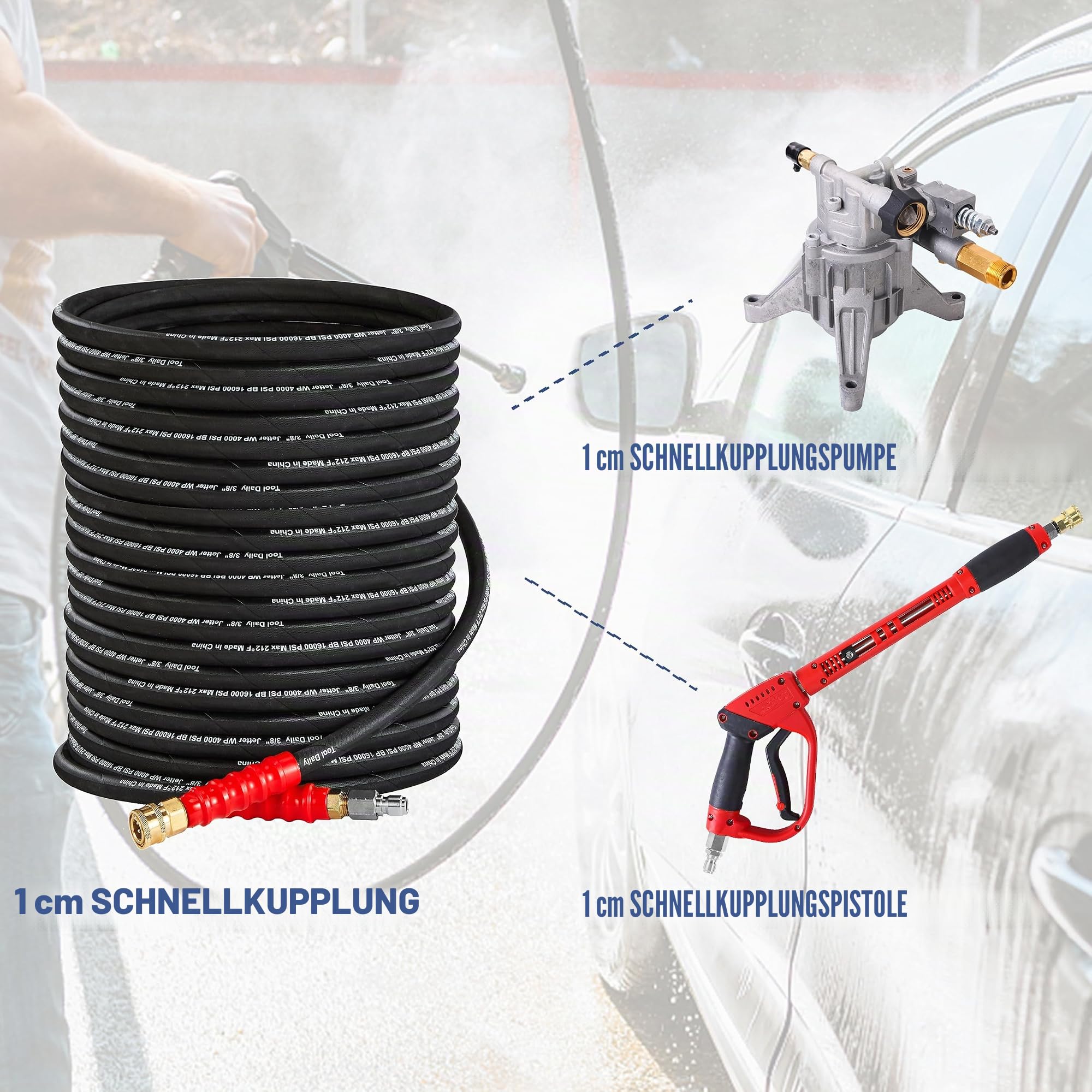 Tool Daily Schlauch für Hochdruckreiniger, 3/8 Zoll x 15m, 276 bar | mit 3/8-Zoll-Schnellkupplung und hochfestem Drahtgeflecht, ideal für den Dauereinsatz