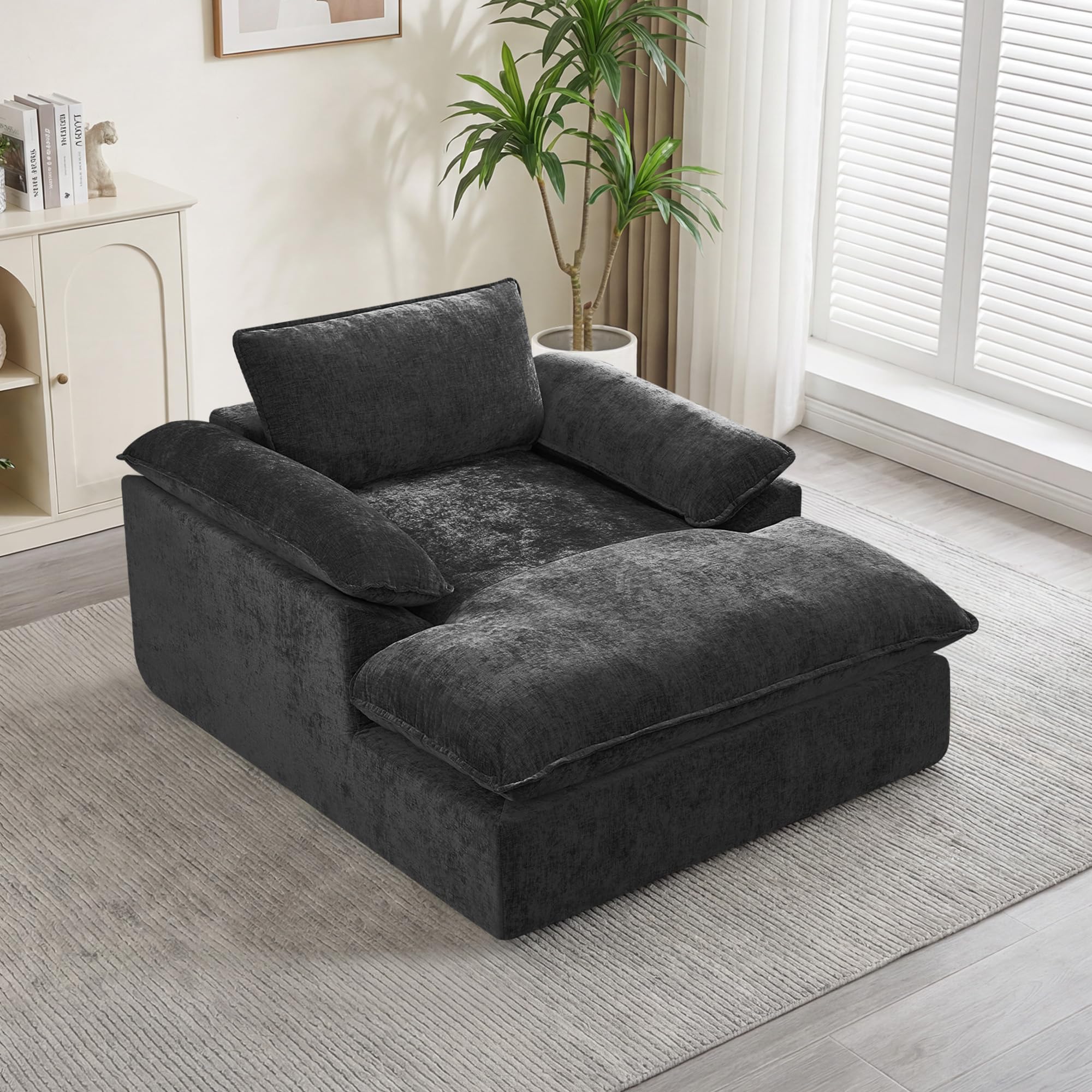 HUBSON 57" Boneless Chaise Lounge Chair Indoor, Comfy Deep Seat Sleeper Lounge Couch, Upholstered Chenille Cloud Chairs for Living Room, Bedroom, Apartment, No Assembly Required, Dark Grey