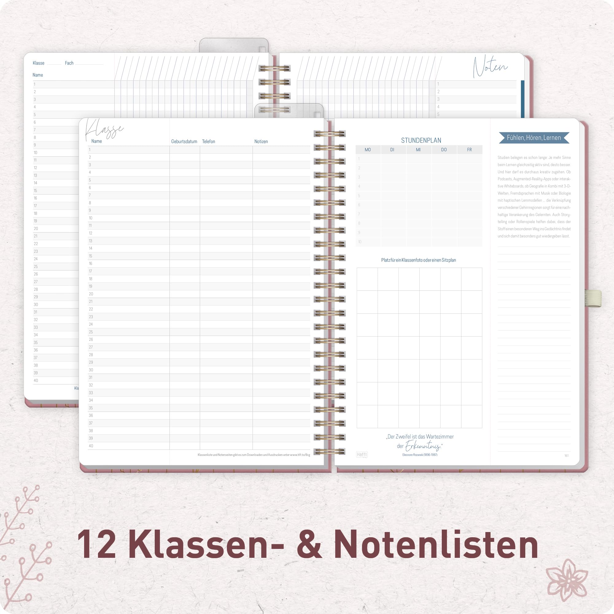 Häfft® Lehrerplaner 2026/2027 A4+ Deluxe - Großer Lehrerkalender & Schulplaner 26/27 mit Kunstleder-Einband & Spiralbindung "Fine Flowers" für Grundschule, weiterführende Schulen & Referendariat